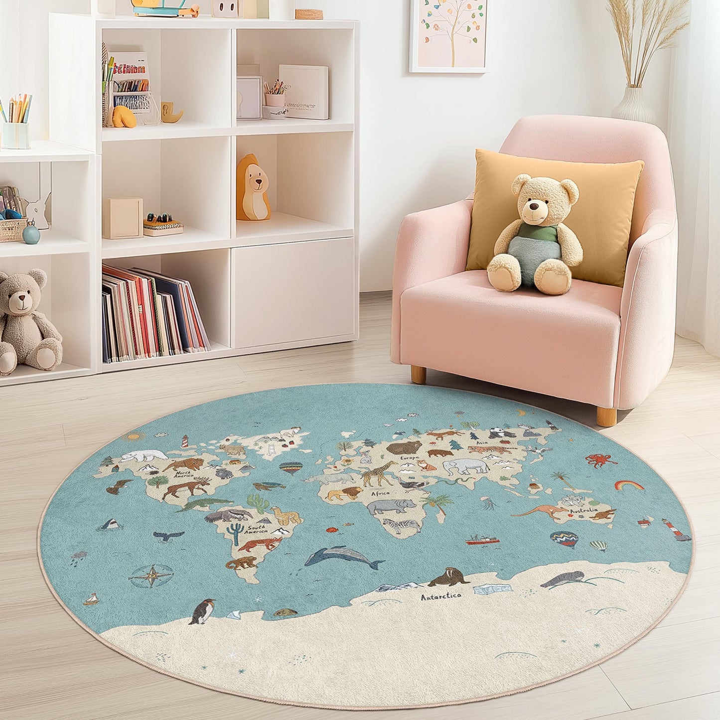 World Map Interactive Kids Round Rug, Animal Themed Play Mat, Educational Nursery Rug, Soft Kids Room Decor, Adventure Play Rug