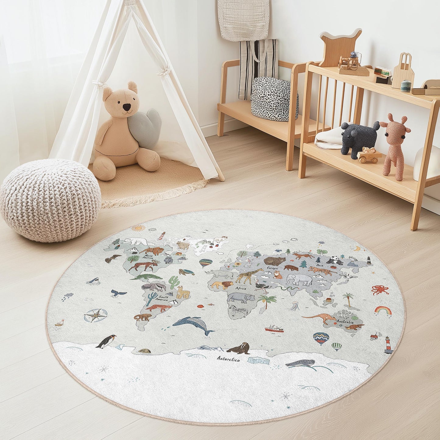 World Map Animal Themed Round Rug, Kids Room Decor, Educational Play Area Rug, Childrens Round Carpet, Soft Nursery Rug