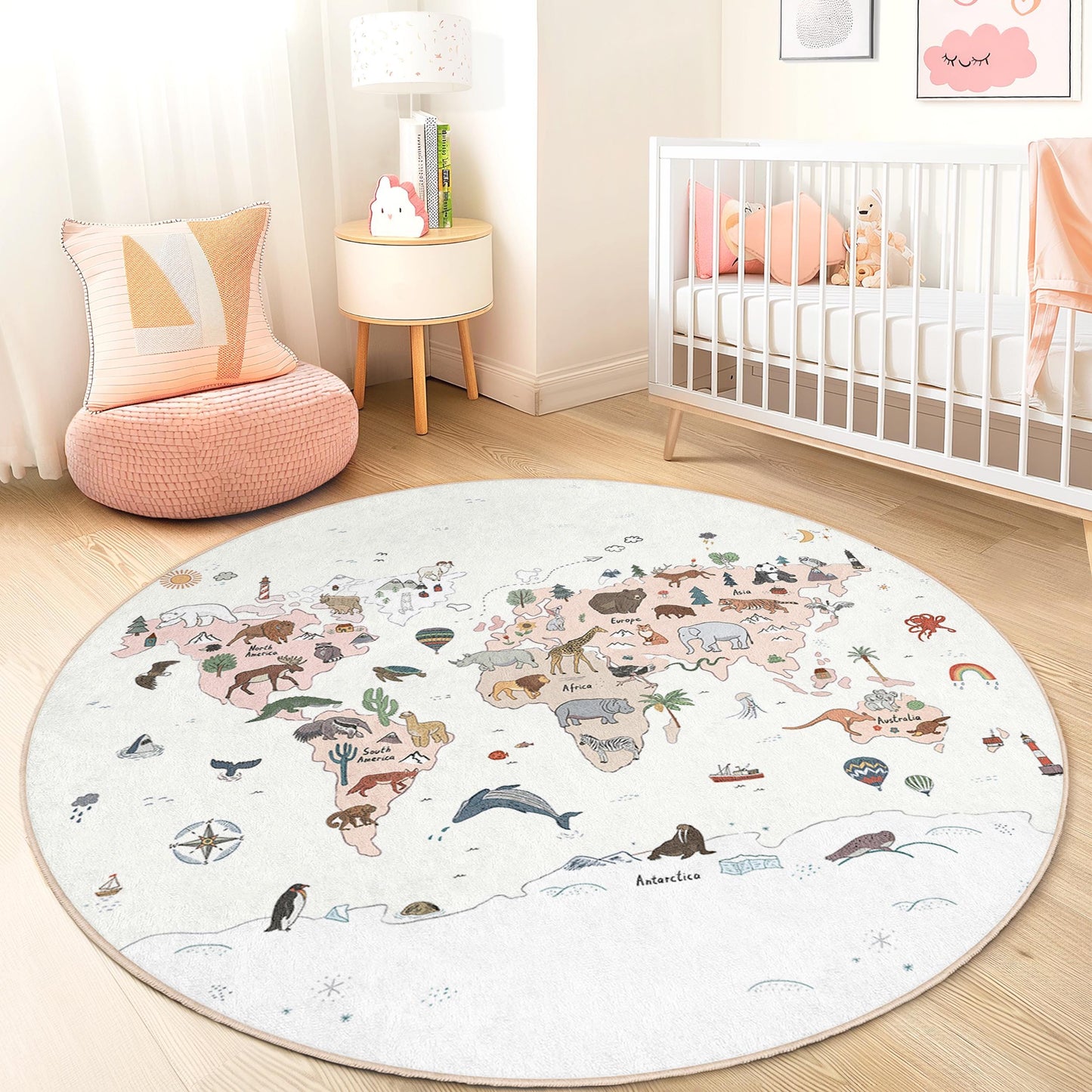 World Map Animal Art Round Rug, Kids Room Decor, Playful Animal Rug, Nursery Rug, Educational Kids Area Rug