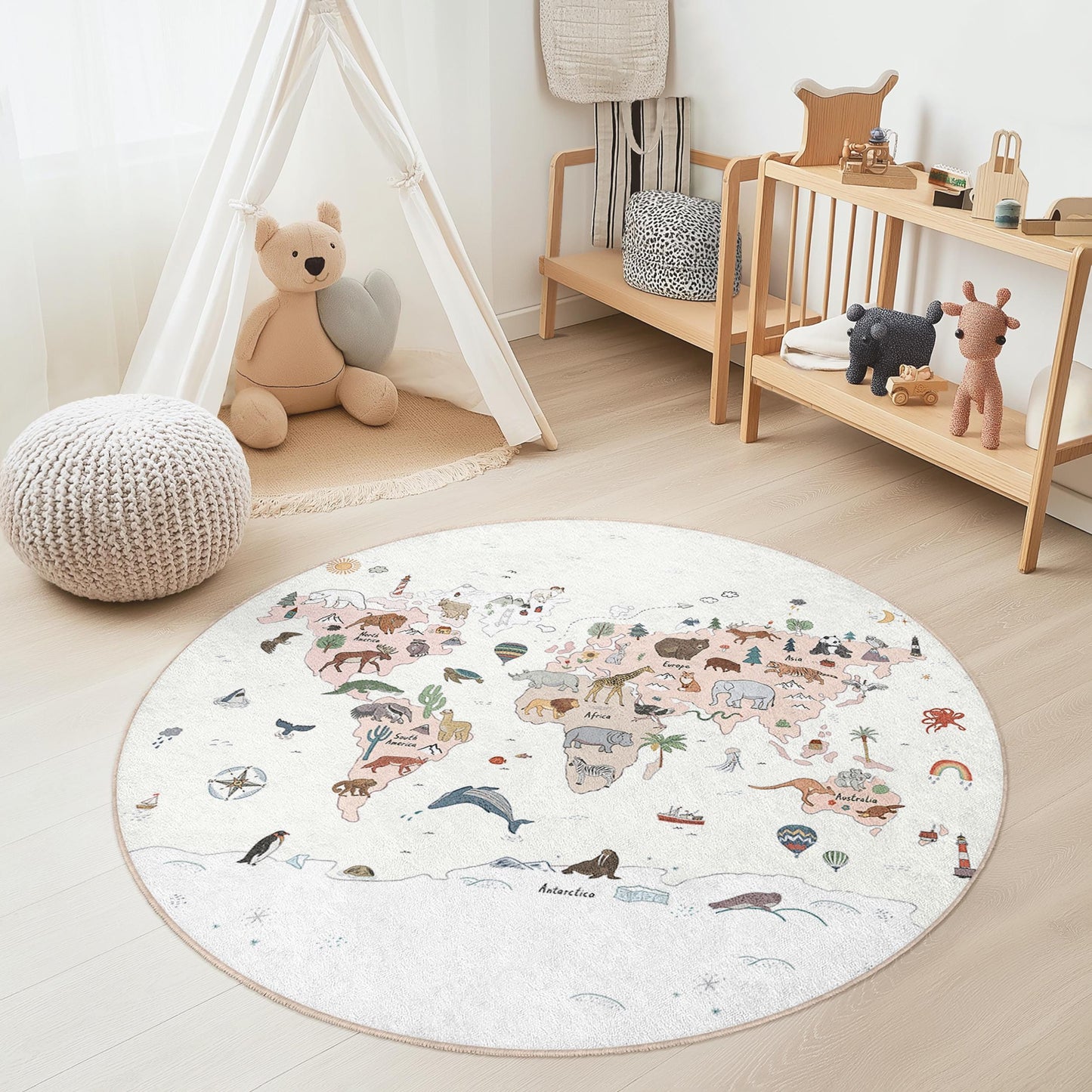 World Map Animal Art Round Rug, Kids Room Decor, Playful Animal Rug, Nursery Rug, Educational Kids Area Rug