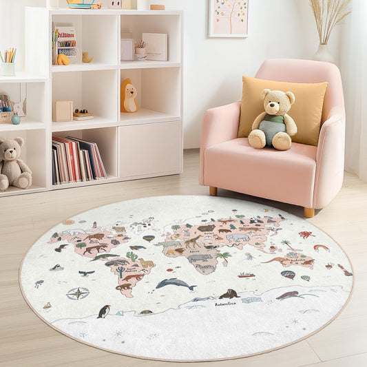 World Map Animal Art Round Rug, Kids Room Decor, Playful Animal Rug, Nursery Rug, Educational Kids Area Rug