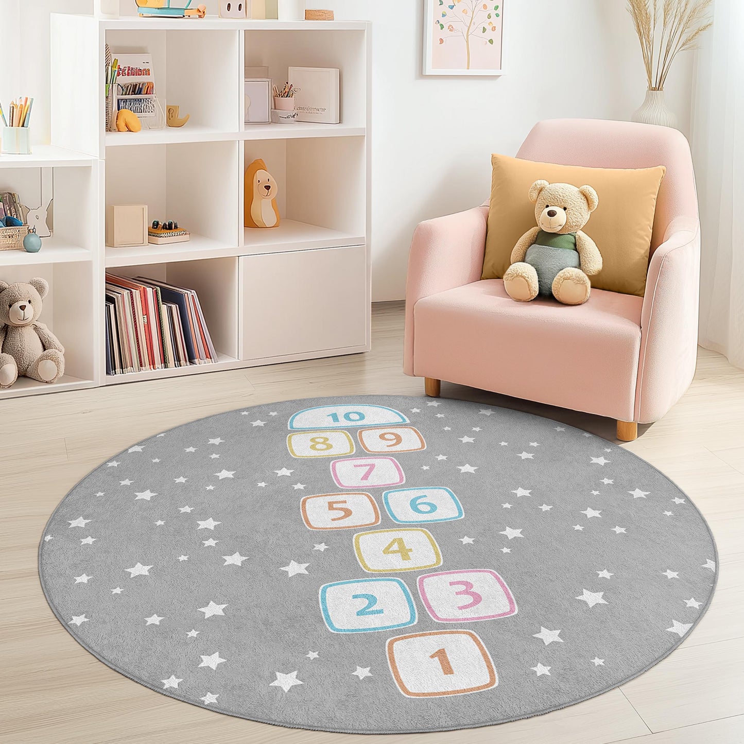 Hopscotch Pattern Round Kids Rug, Playful Area Rug for Children's Room, Soft Nursery Decor, Interactive Play Mat, Kids Room Carpet