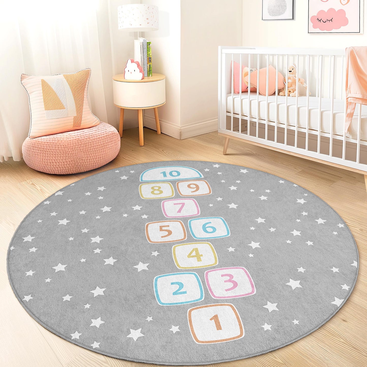 Hopscotch Pattern Round Kids Rug, Playful Area Rug for Children's Room, Soft Nursery Decor, Interactive Play Mat, Kids Room Carpet