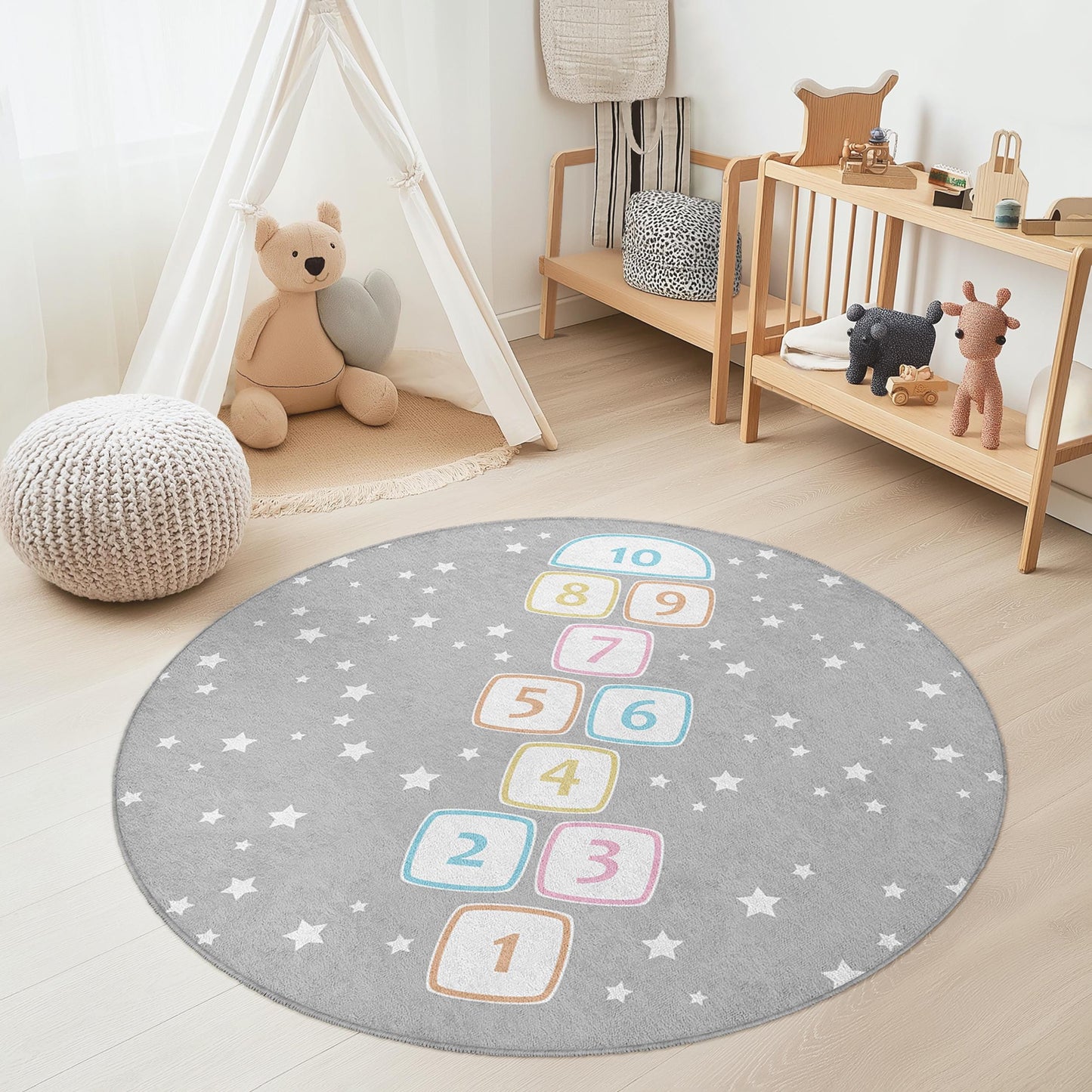 Hopscotch Pattern Round Kids Rug, Playful Area Rug for Children's Room, Soft Nursery Decor, Interactive Play Mat, Kids Room Carpet