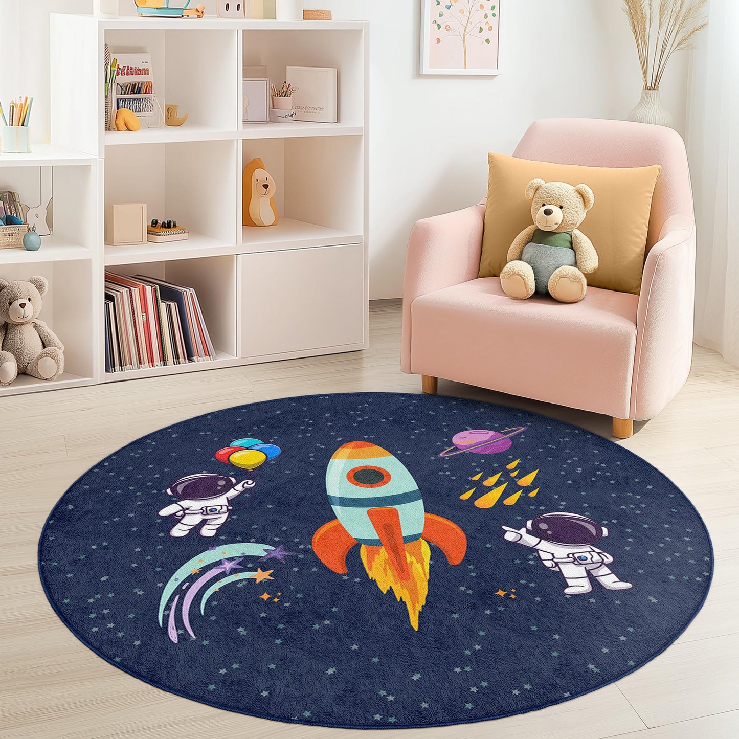 Space Adventure Round Kids Rug, Astronaut Themed Carpet, Playroom Decor, Galaxy Play Mat, Kids Room Rug, Soft Round Carpet