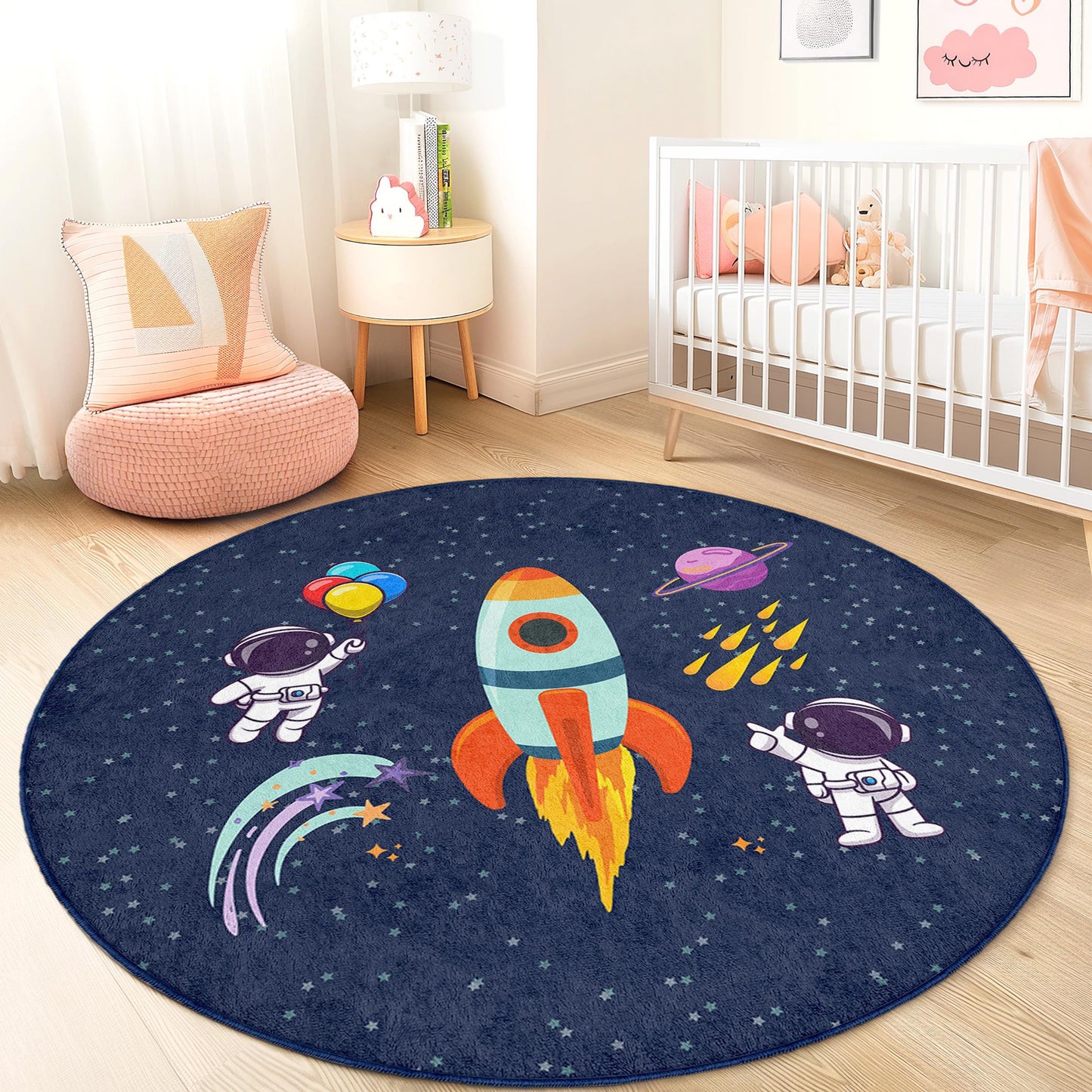 Space Adventure Round Kids Rug, Astronaut Themed Carpet, Playroom Decor, Galaxy Play Mat, Kids Room Rug, Soft Round Carpet