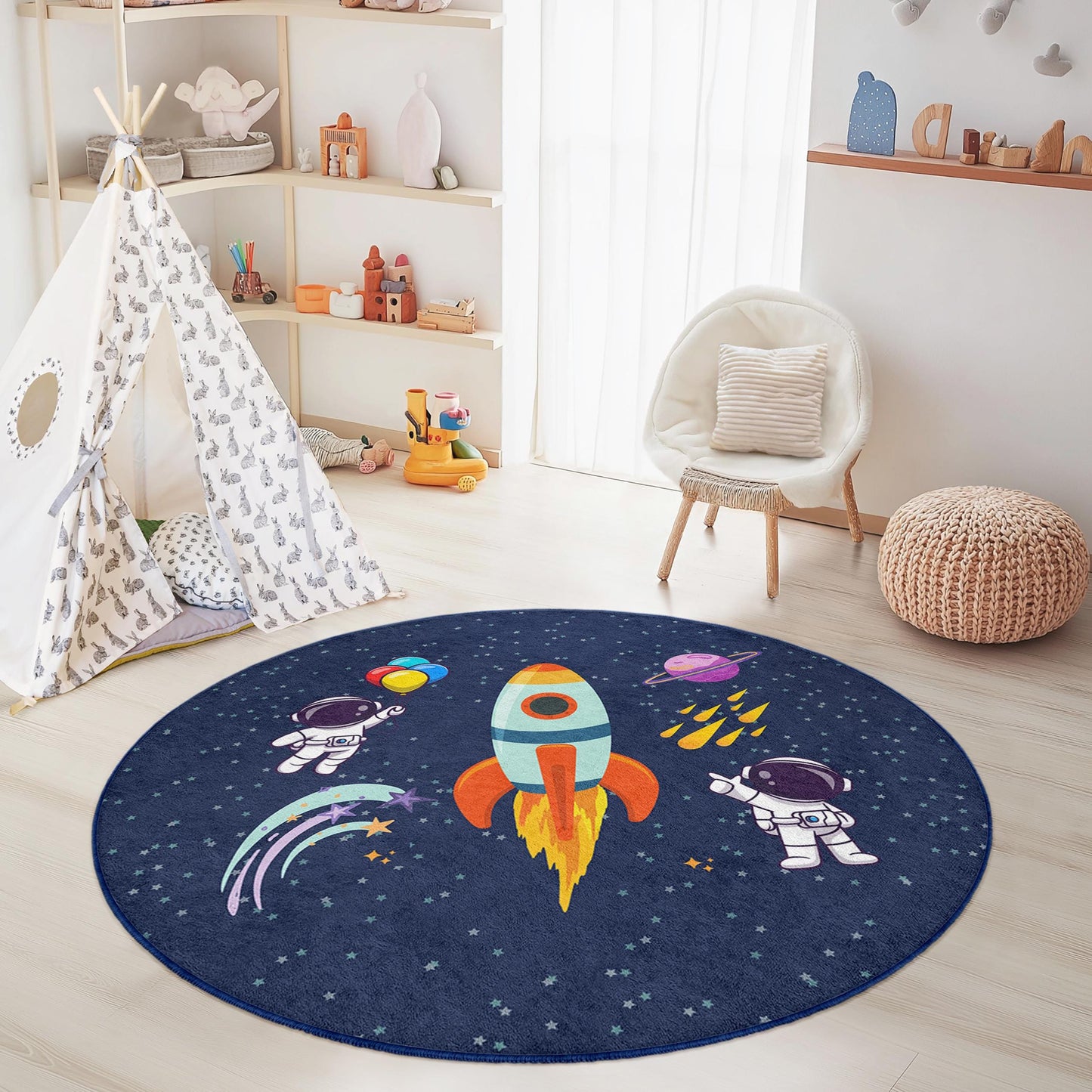 Space Adventure Round Kids Rug, Astronaut Themed Carpet, Playroom Decor, Galaxy Play Mat, Kids Room Rug, Soft Round Carpet