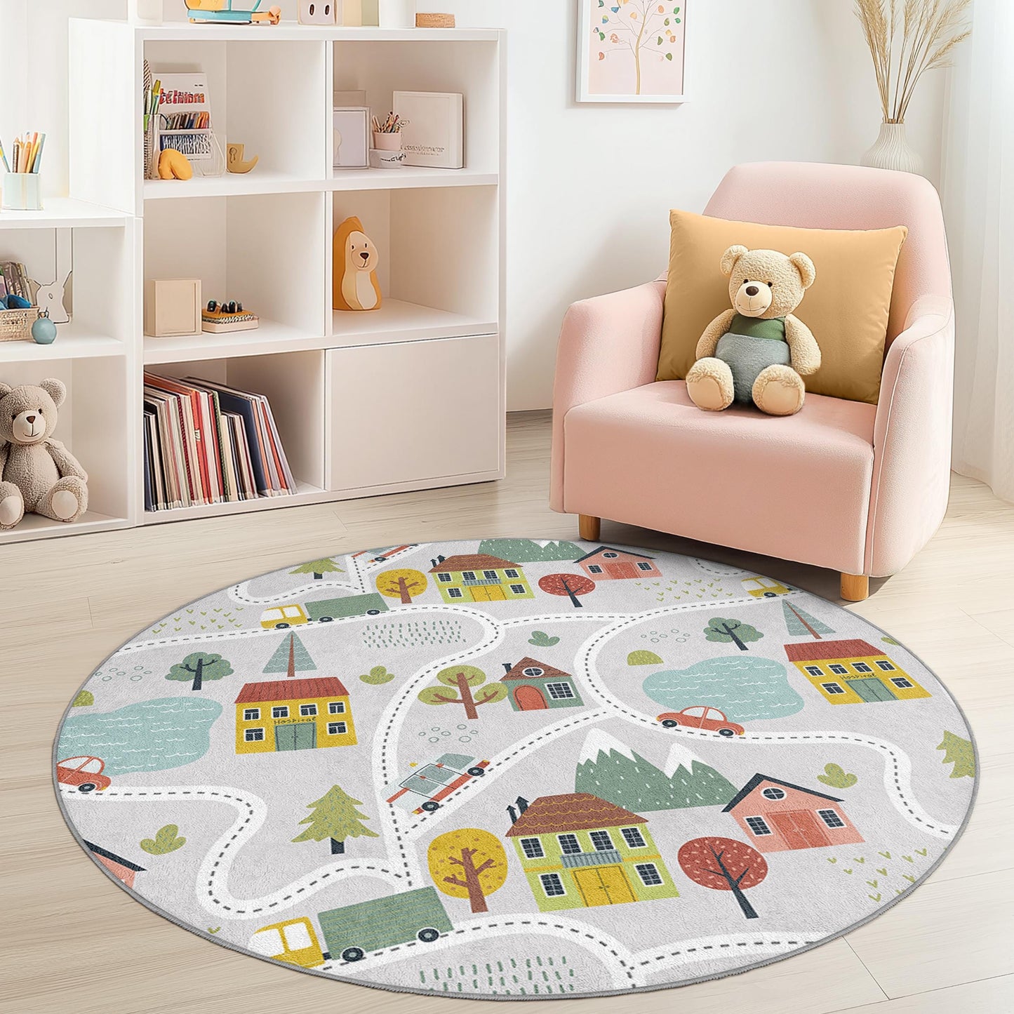 Colorful Round Kids Play Rug, Road Map Area Rug, Playroom Decor, Soft Nursery Rug, Kids Room Carpet, Interactive Play Mat