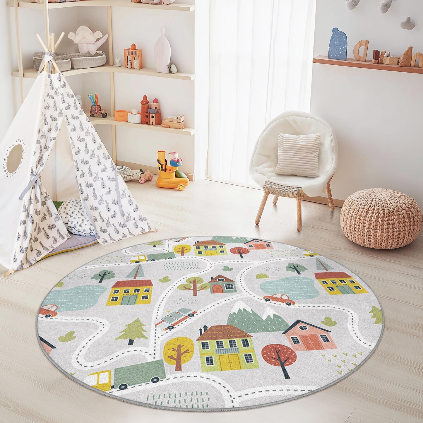 Colorful Round Kids Play Rug, Road Map Area Rug, Playroom Decor, Soft Nursery Rug, Kids Room Carpet, Interactive Play Mat