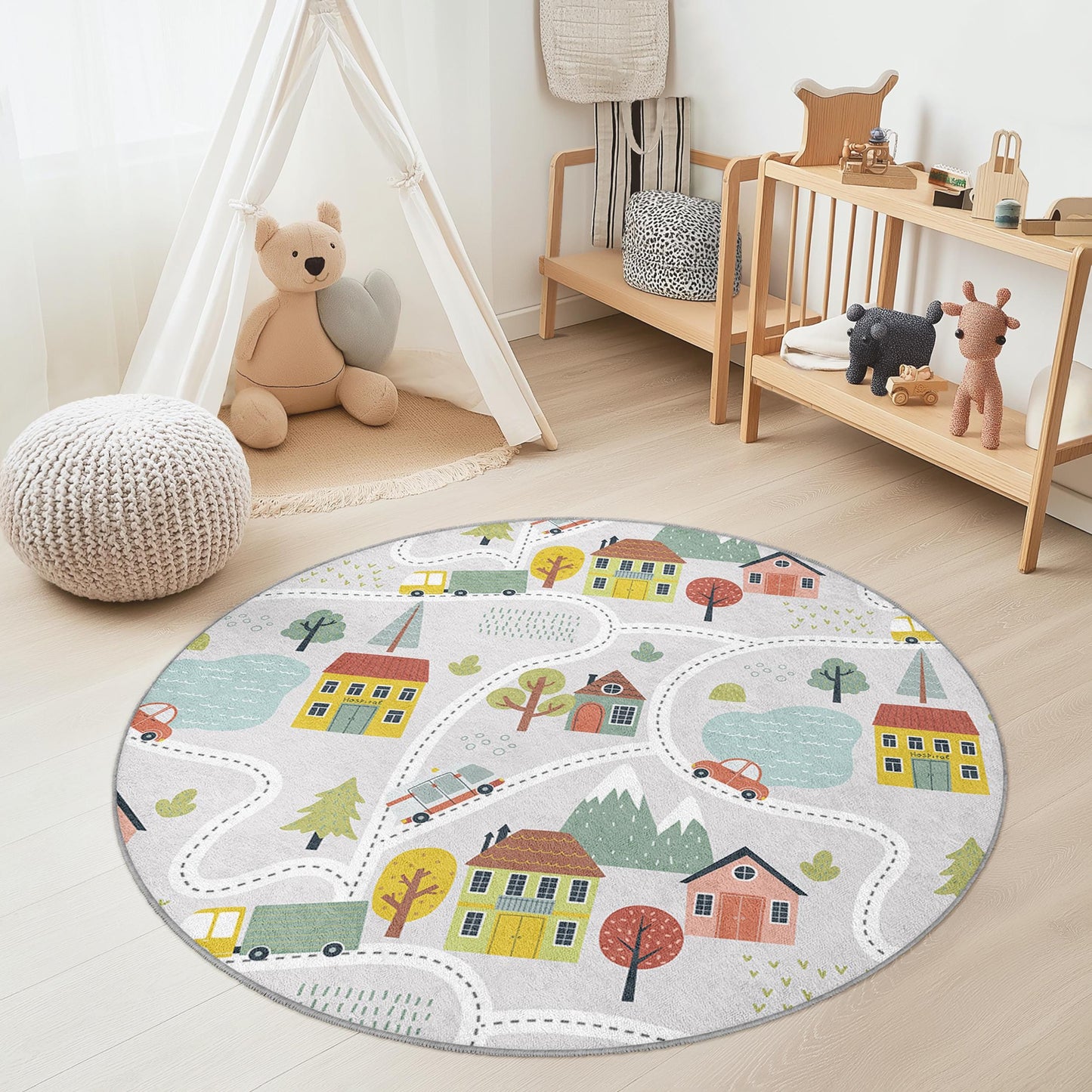 Colorful Round Kids Play Rug, Road Map Area Rug, Playroom Decor, Soft Nursery Rug, Kids Room Carpet, Interactive Play Mat