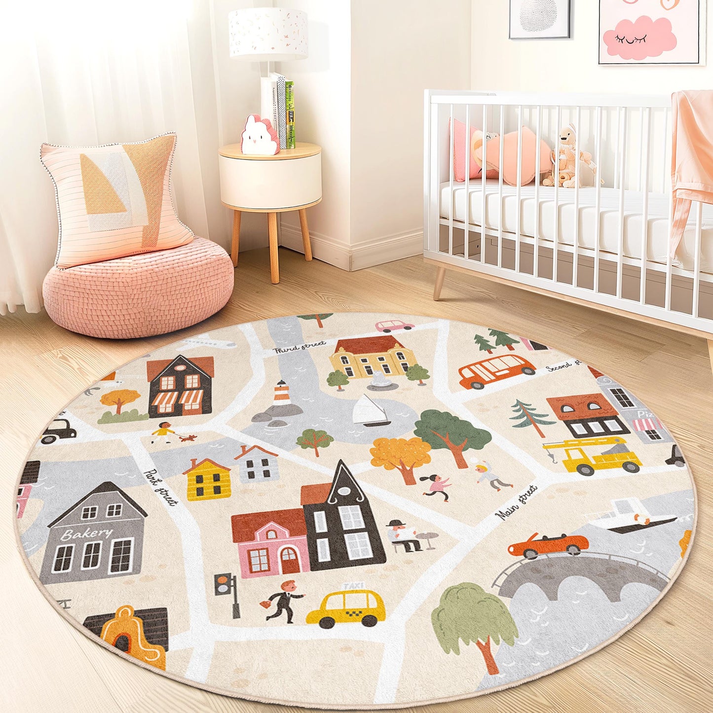 City Map Playful Round Kids Rug, Interactive Play Mat for Children's Room, Soft Nursery Decor, Child-Friendly Rug