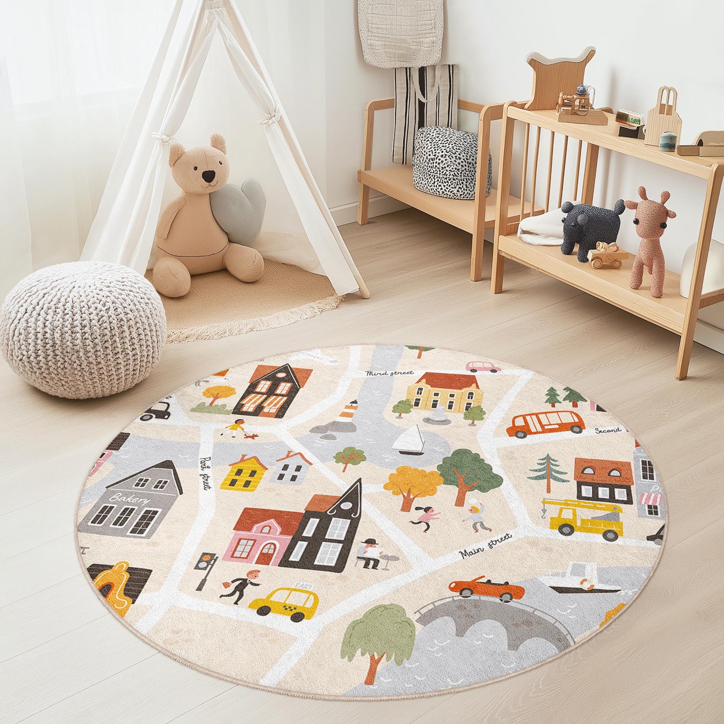 City Map Playful Round Kids Rug, Interactive Play Mat for Children's Room, Soft Nursery Decor, Child-Friendly Rug