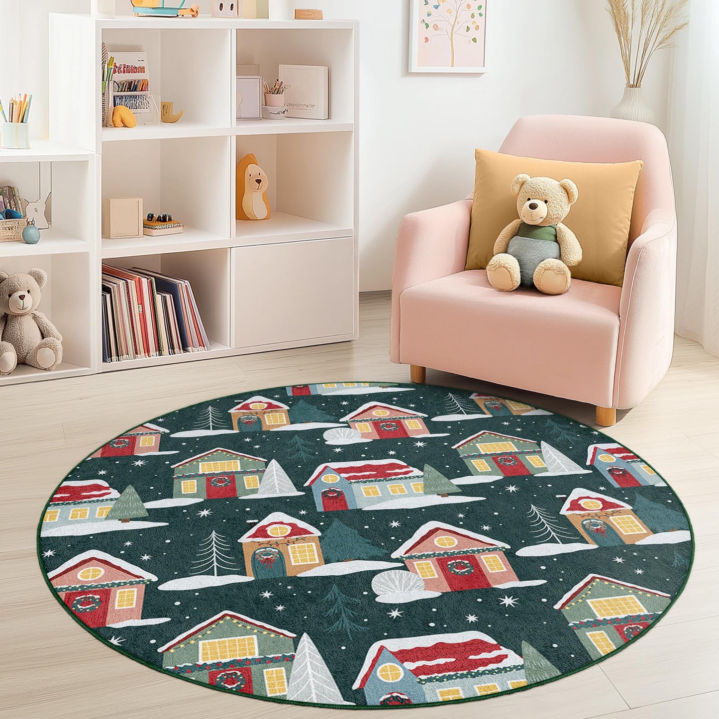 Winter Wonderland Round Kids Rug, Cozy House Pattern Rug, Holiday Decor for Kids Room, Playroom Mat, Christmas Themed Carpet