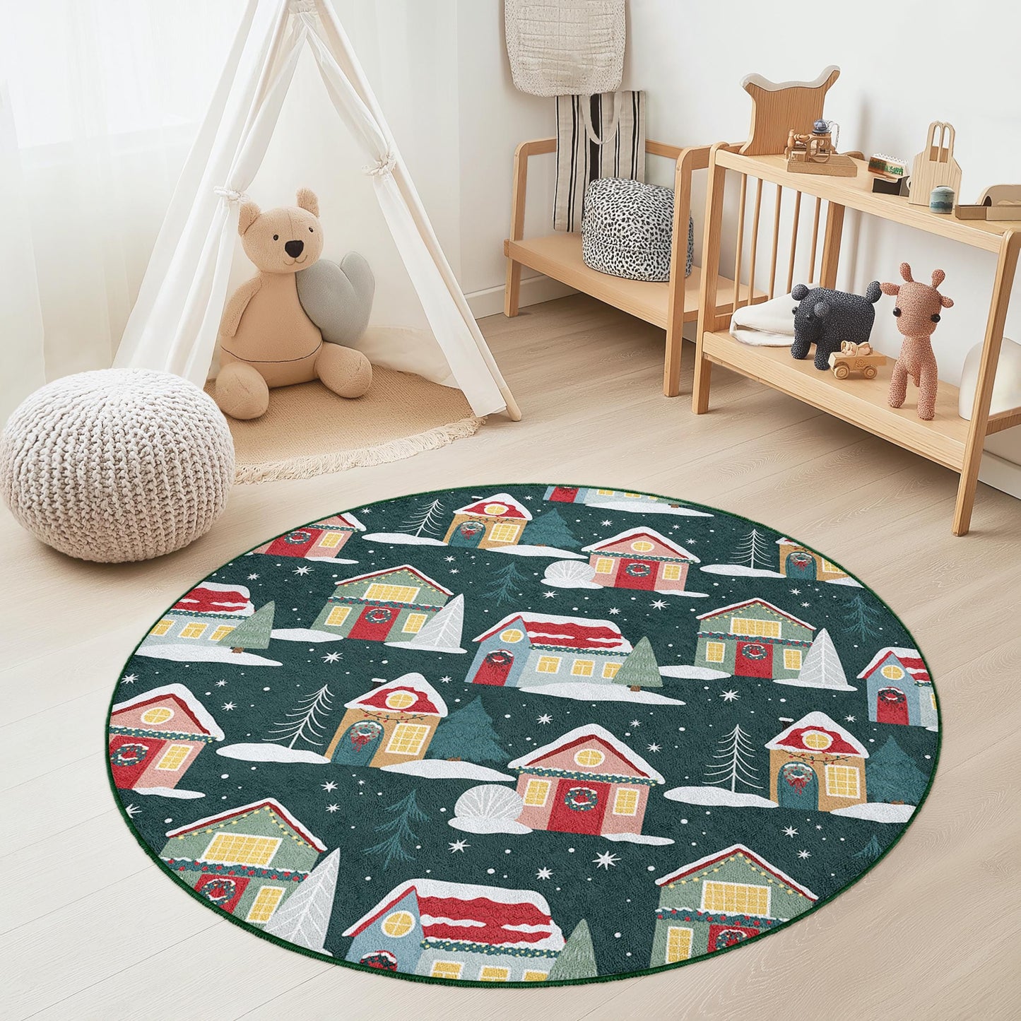 Winter Wonderland Round Kids Rug, Cozy House Pattern Rug, Holiday Decor for Kids Room, Playroom Mat, Christmas Themed Carpet