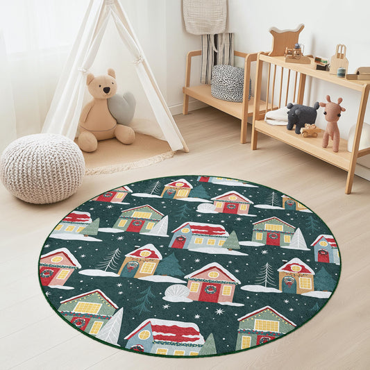 Winter Wonderland Round Kids Rug, Cozy House Pattern Rug, Holiday Decor for Kids Room, Playroom Mat, Christmas Themed Carpet