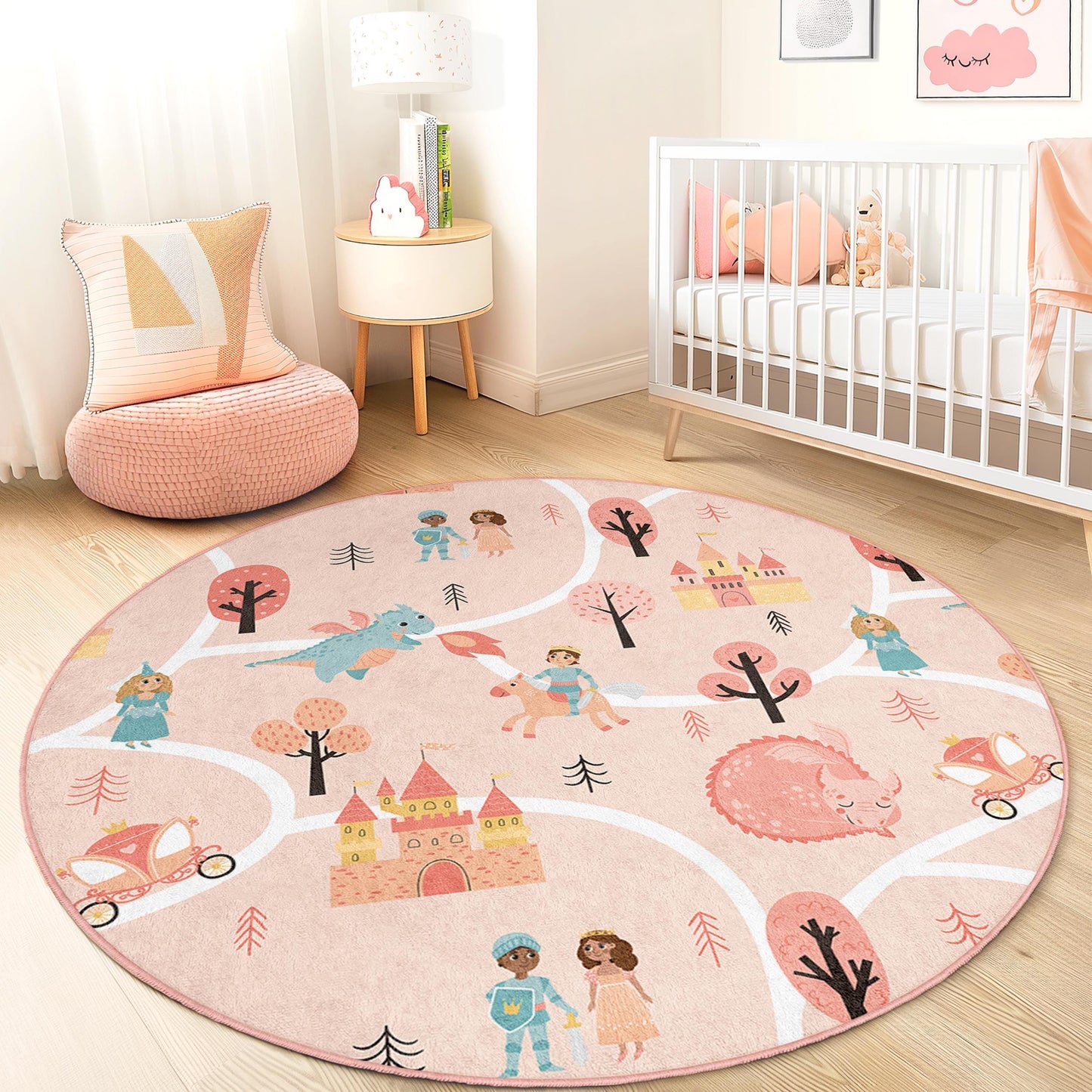 Fairytale Adventure Round Kids Play Rug, Princess Castle Kids Rug, Magical Kids Room Decor, Fantasy Play Mat for Children