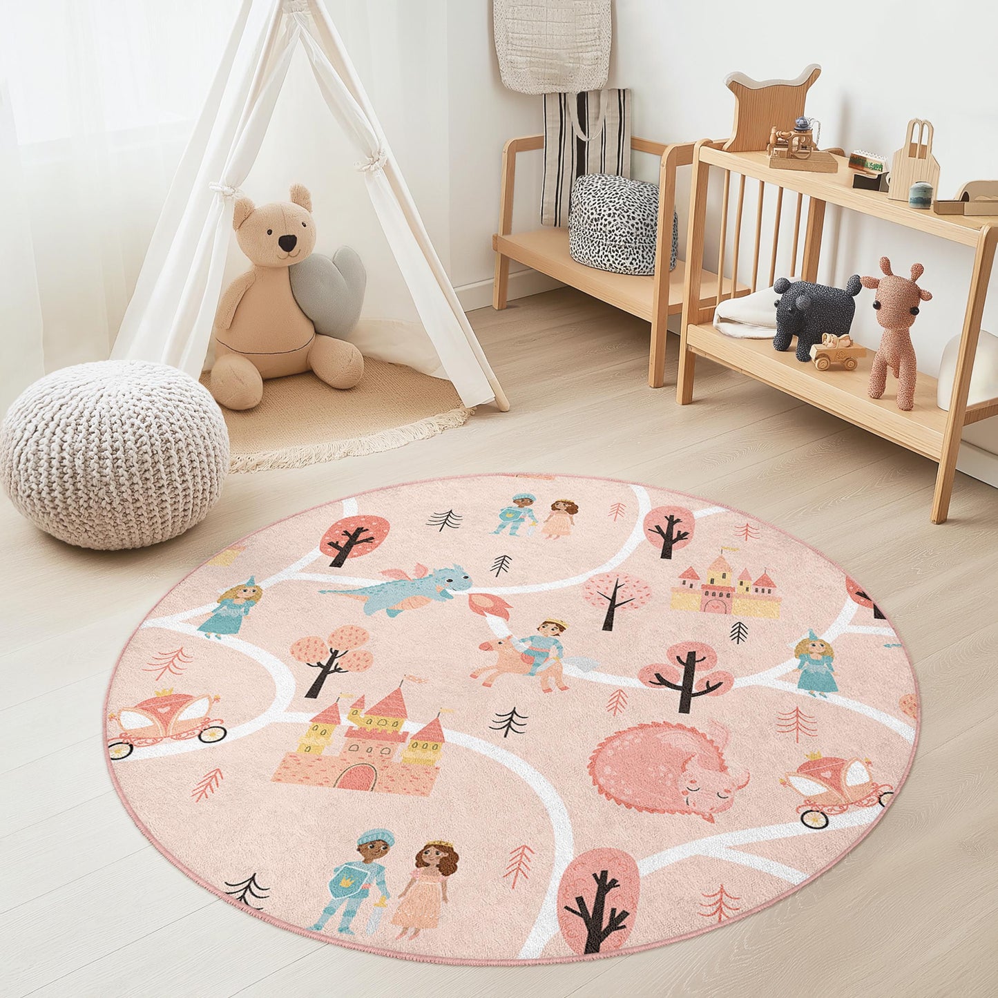 Fairytale Adventure Round Kids Play Rug, Princess Castle Kids Rug, Magical Kids Room Decor, Fantasy Play Mat for Children