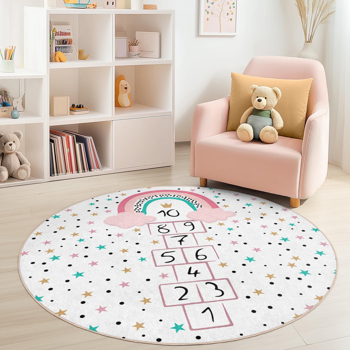 Rainbow Hopscotch Kids Rug, Round Play Mat for Kids Room, Colorful Nursery Carpet, Interactive Play Rug, Soft and Cozy Children's Rug