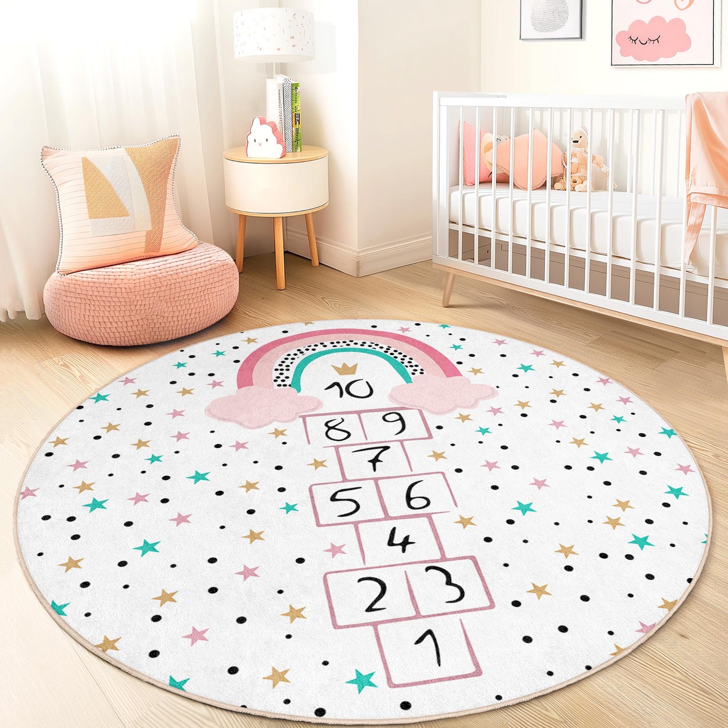 Rainbow Hopscotch Kids Rug, Round Play Mat for Kids Room, Colorful Nursery Carpet, Interactive Play Rug, Soft and Cozy Children's Rug