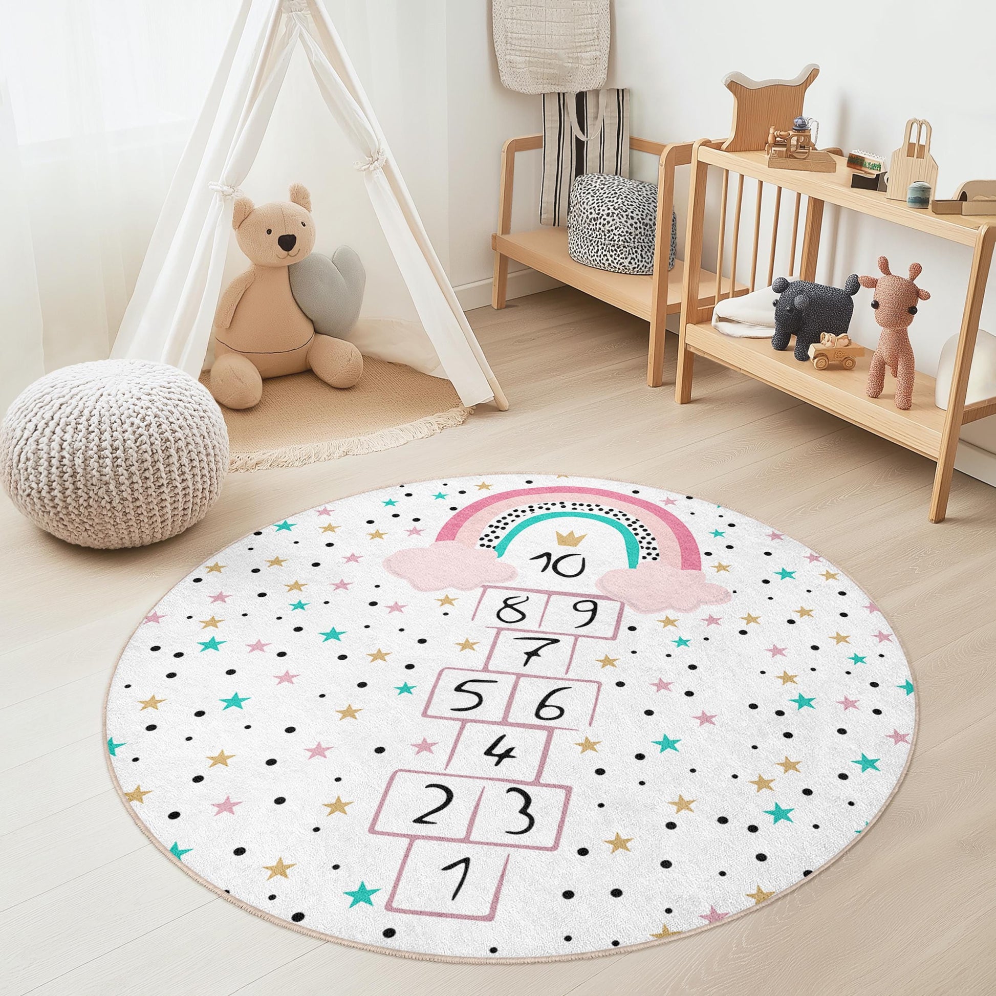 Rainbow Hopscotch Kids Rug, Round Play Mat for Kids Room, Colorful Nursery Carpet, Interactive Play Rug, Soft and Cozy Children's Rug