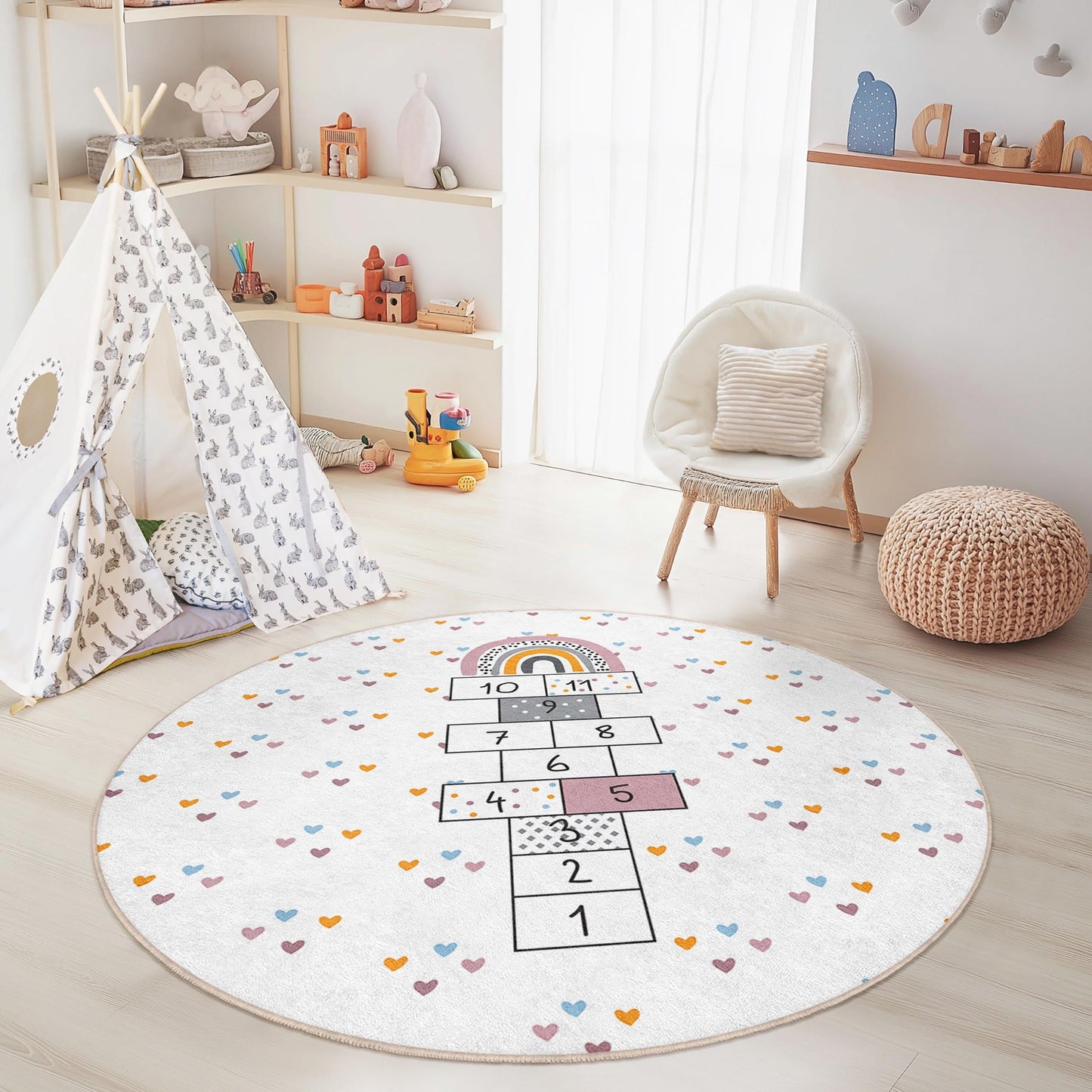 Rainbow Hopscotch Round Kids Rug, Playful Round Carpet for Children's Room, Soft Play Mat for Kids, Nursery Decor