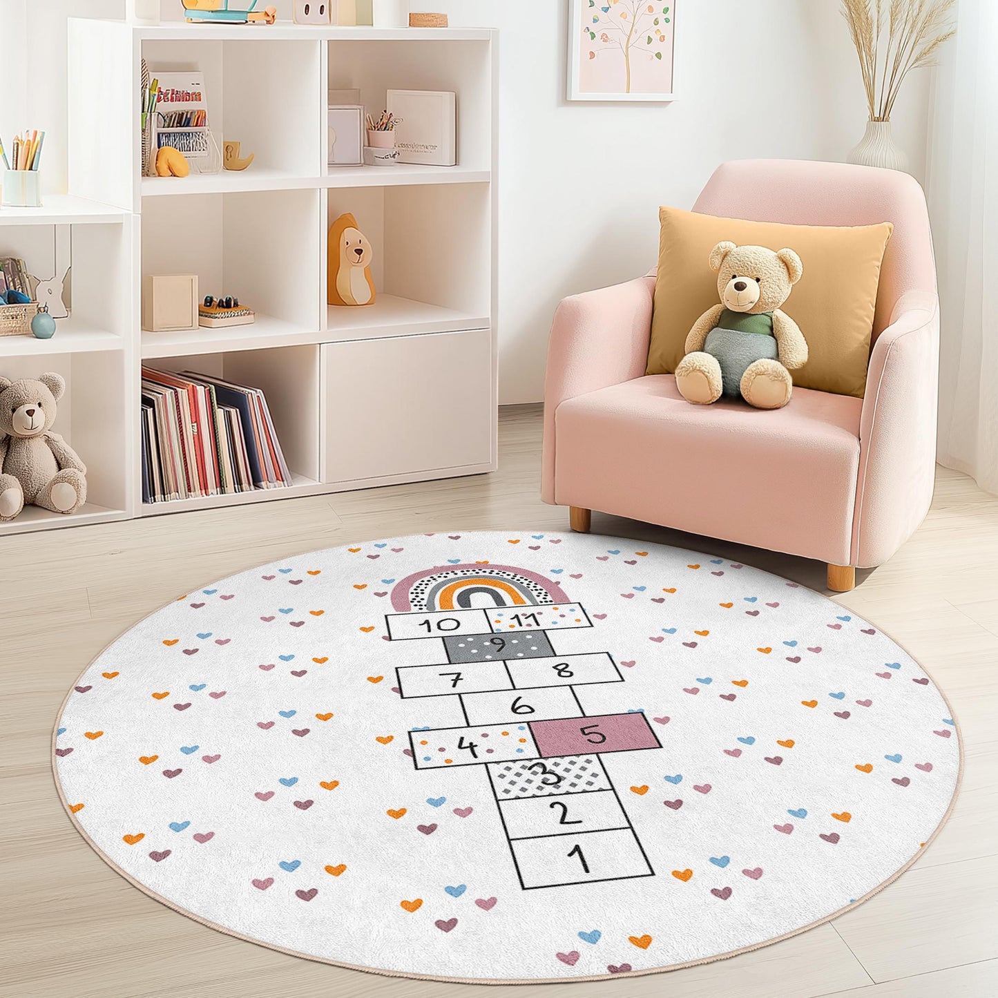 Rainbow Hopscotch Round Kids Rug, Playful Round Carpet for Children's Room, Soft Play Mat for Kids, Nursery Decor