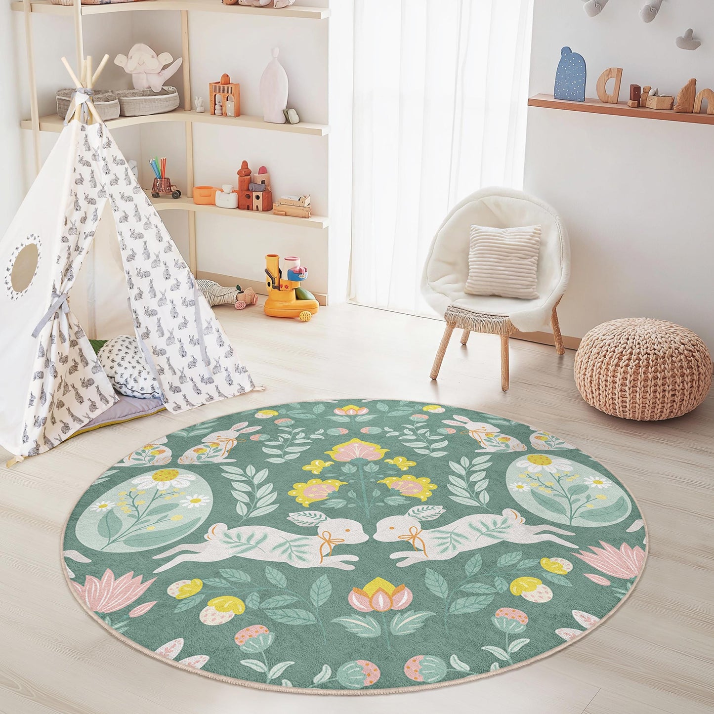Floral Bunny Round Kids Play Rug, Cute Rabbit Nursery Decor, Kids Room Carpet, Soft Play Mat, Animal Theme Area Rug
