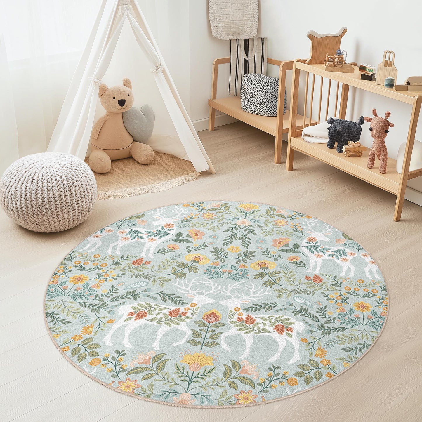 Floral Deer Round Kids Rug, Bohemian Nursery Decor, Soft Play Mat, Round Area Rug for Children's Room, Nature Inspired Design