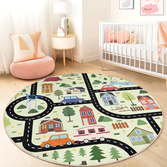 Road Map Playful Round Kids Rug, Interactive Play Mat for Children, Soft Carpet for Playroom, Nursery Decor, Kids Room Rug