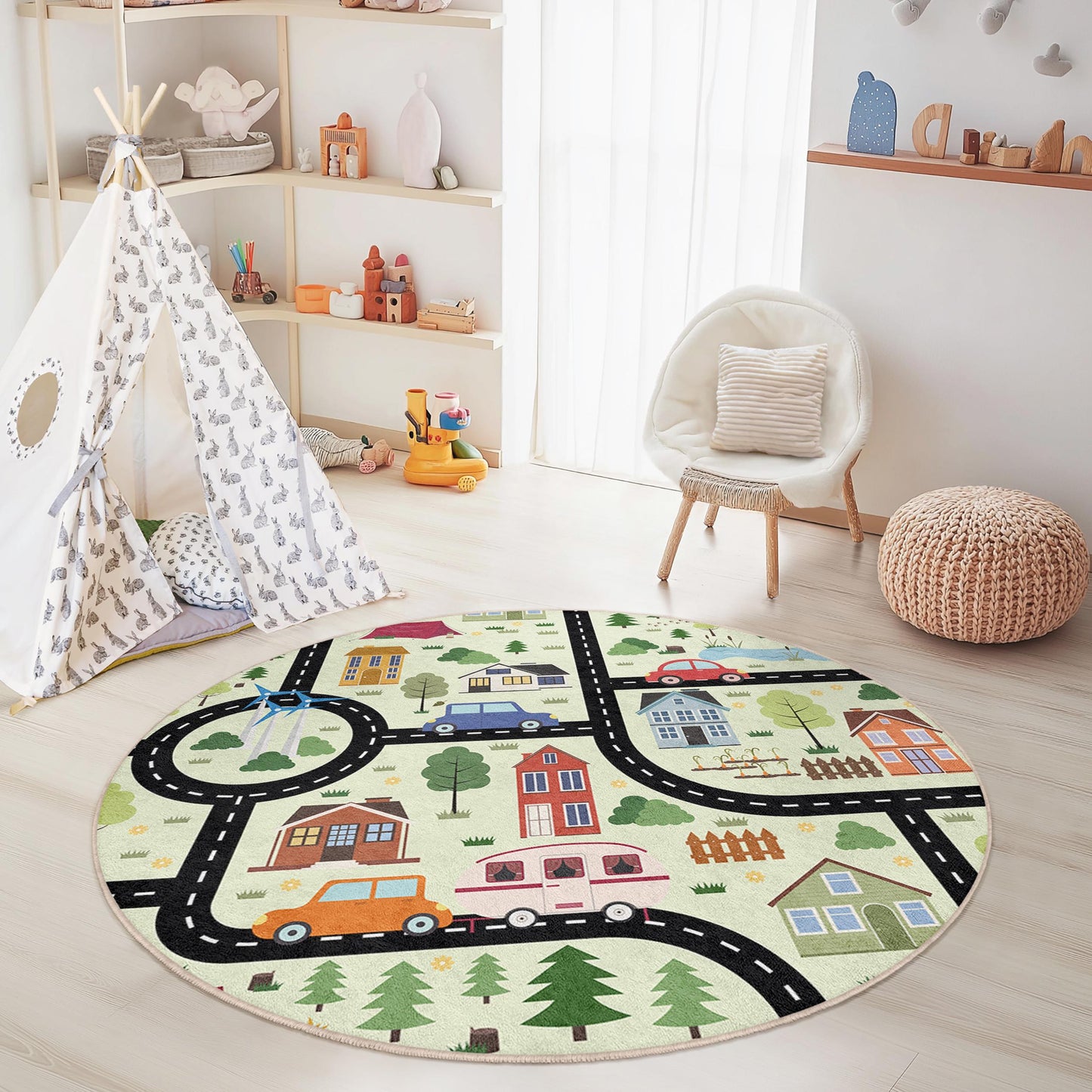 Road Map Playful Round Kids Rug, Interactive Play Mat for Children, Soft Carpet for Playroom, Nursery Decor, Kids Room Rug