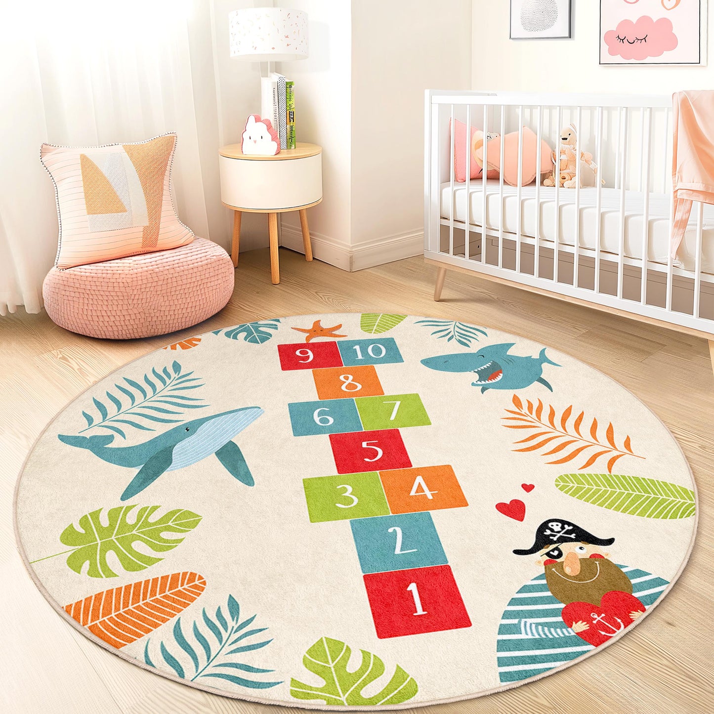 Underwater Adventure Round Kids Play Rug, Shark Hopscotch Play Mat, Ocean Theme Rug, Nursery Decor, Soft Playroom Carpet