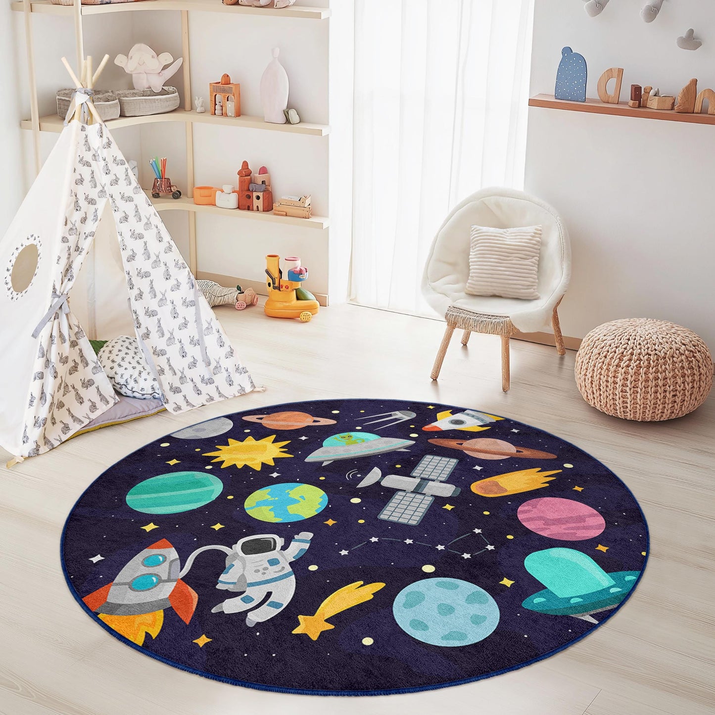 Space Adventure Round Kids Rug, Galaxy Themed Play Mat, Outer Space Decor, Astronaut Rug for Kids Room, Kids Playroom Carpet