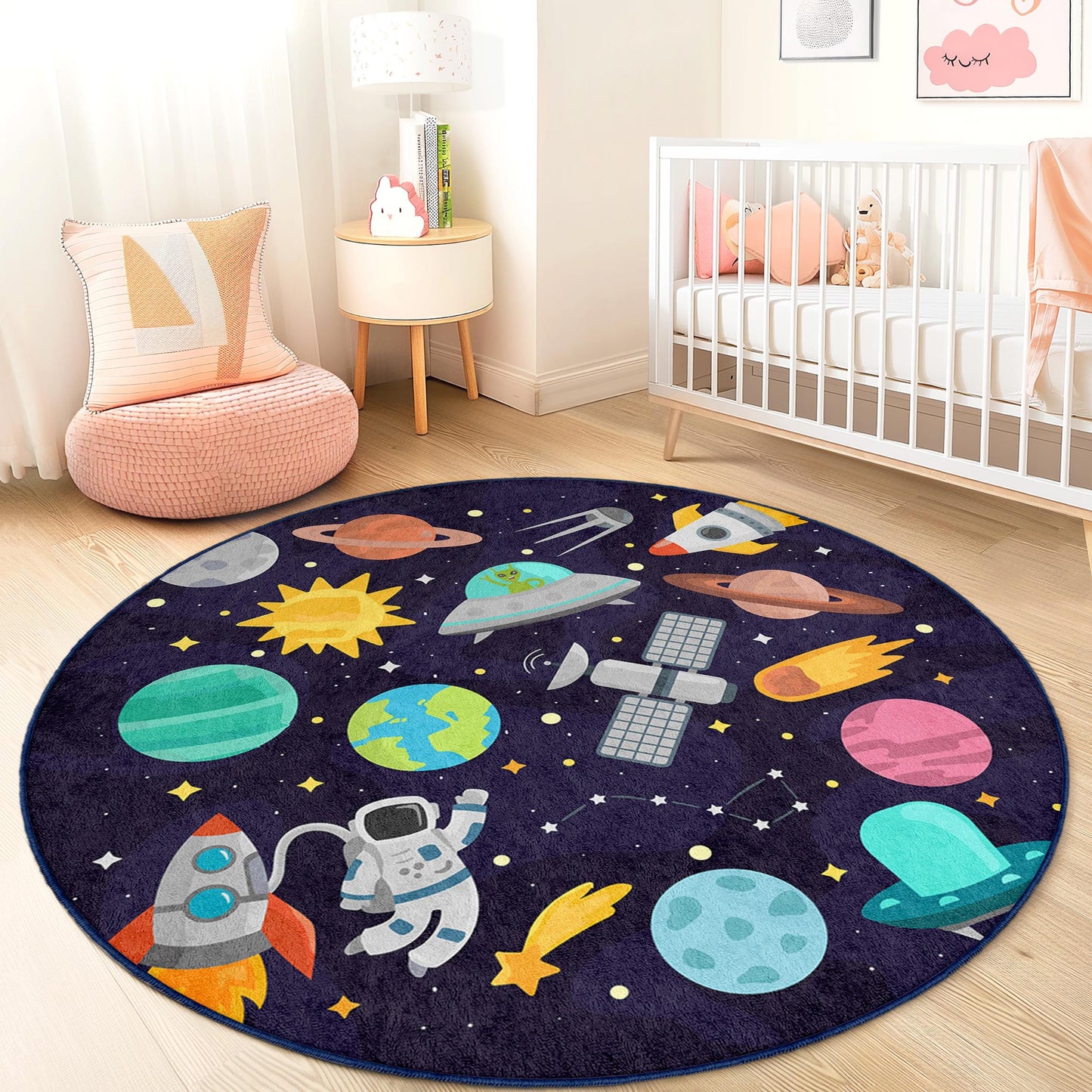 Space Adventure Round Kids Rug, Galaxy Themed Play Mat, Outer Space Decor, Astronaut Rug for Kids Room, Kids Playroom Carpet