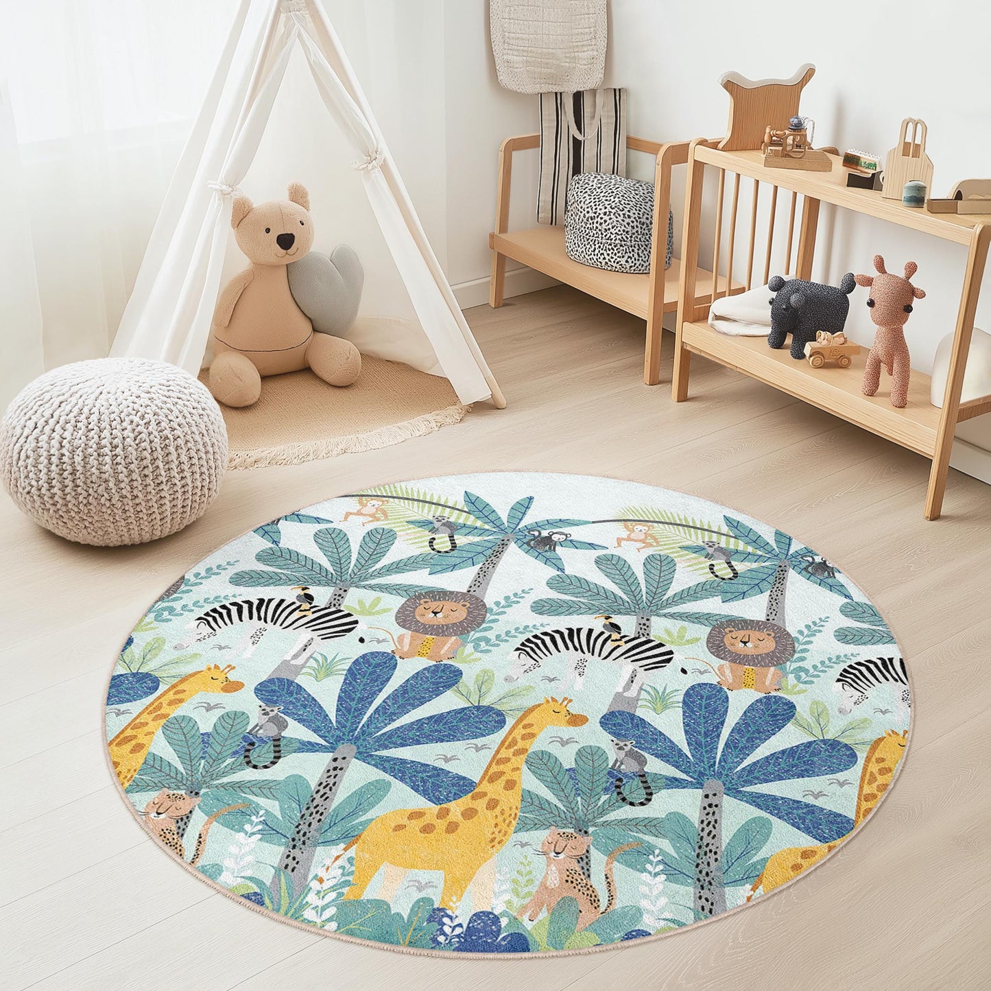 Jungle Safari Round Kids Rug, Animal Themed Play Mat, Soft Nursery Rug, Children's Room Decor, Round Carpet for Kids