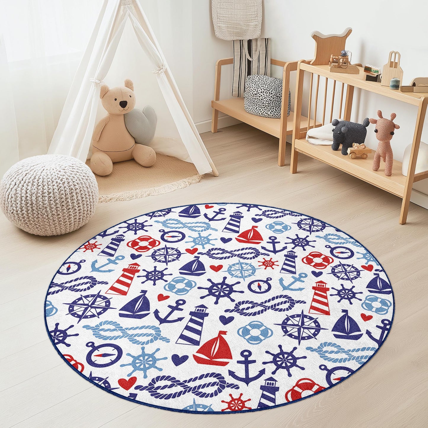 Nautical Adventure Round Kids Rug, Sailboat and Anchor Design, Kids Room Decor, Playroom Carpet, Coastal Theme Rug