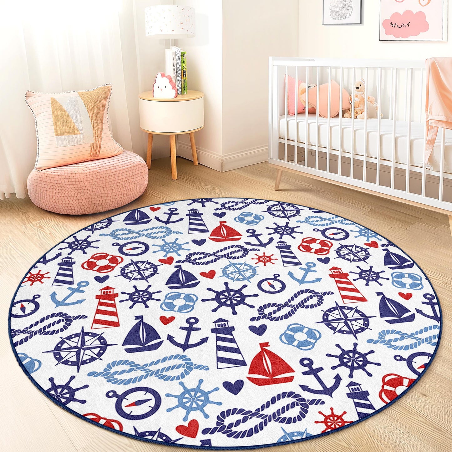 Nautical Adventure Round Kids Rug, Sailboat and Anchor Design, Kids Room Decor, Playroom Carpet, Coastal Theme Rug