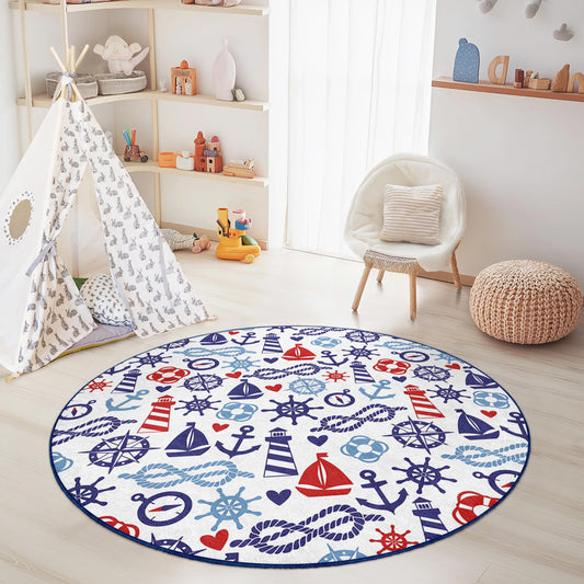 Nautical Adventure Round Kids Rug, Sailboat and Anchor Design, Kids Room Decor, Playroom Carpet, Coastal Theme Rug