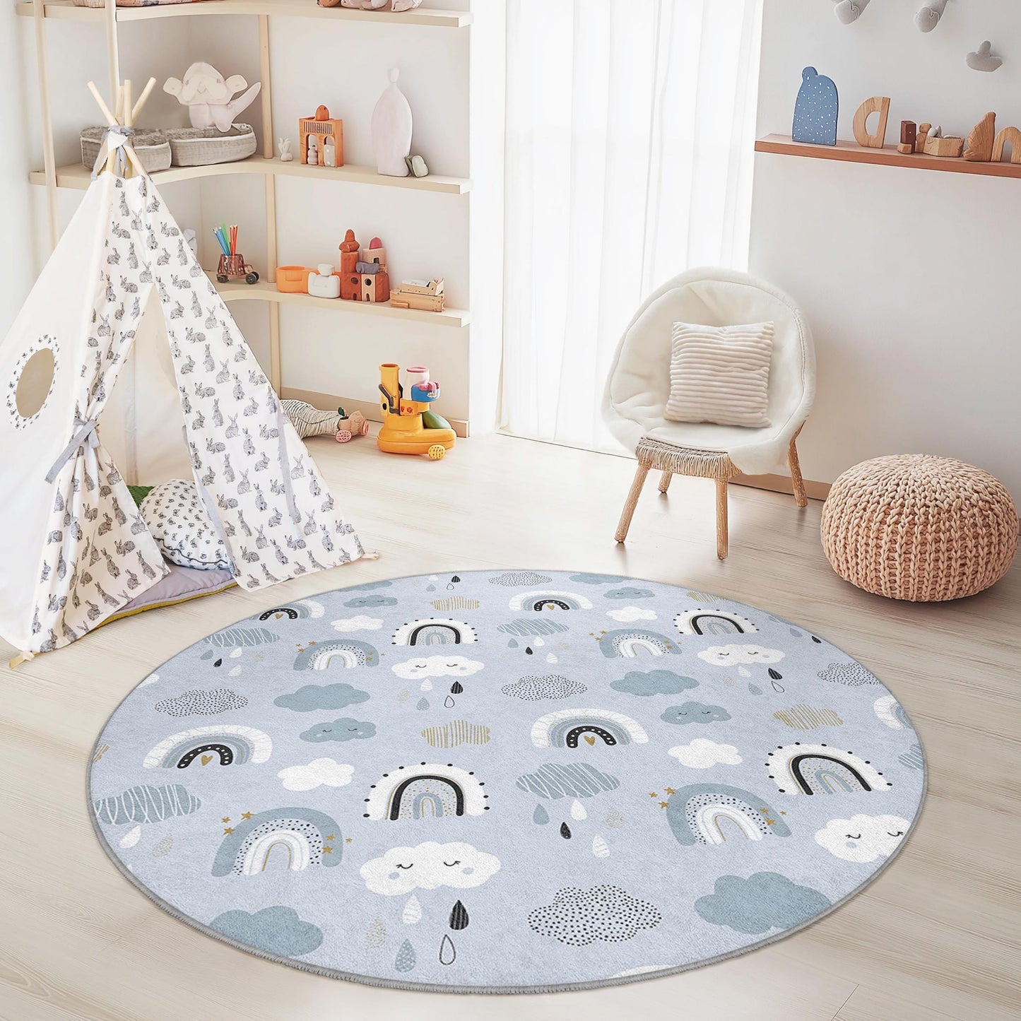Rainbow Clouds Round Kids Play Rug, Soft Baby Room Carpet, Nursery Decor, Interactive Mat for Playroom, Cute Kids Rug