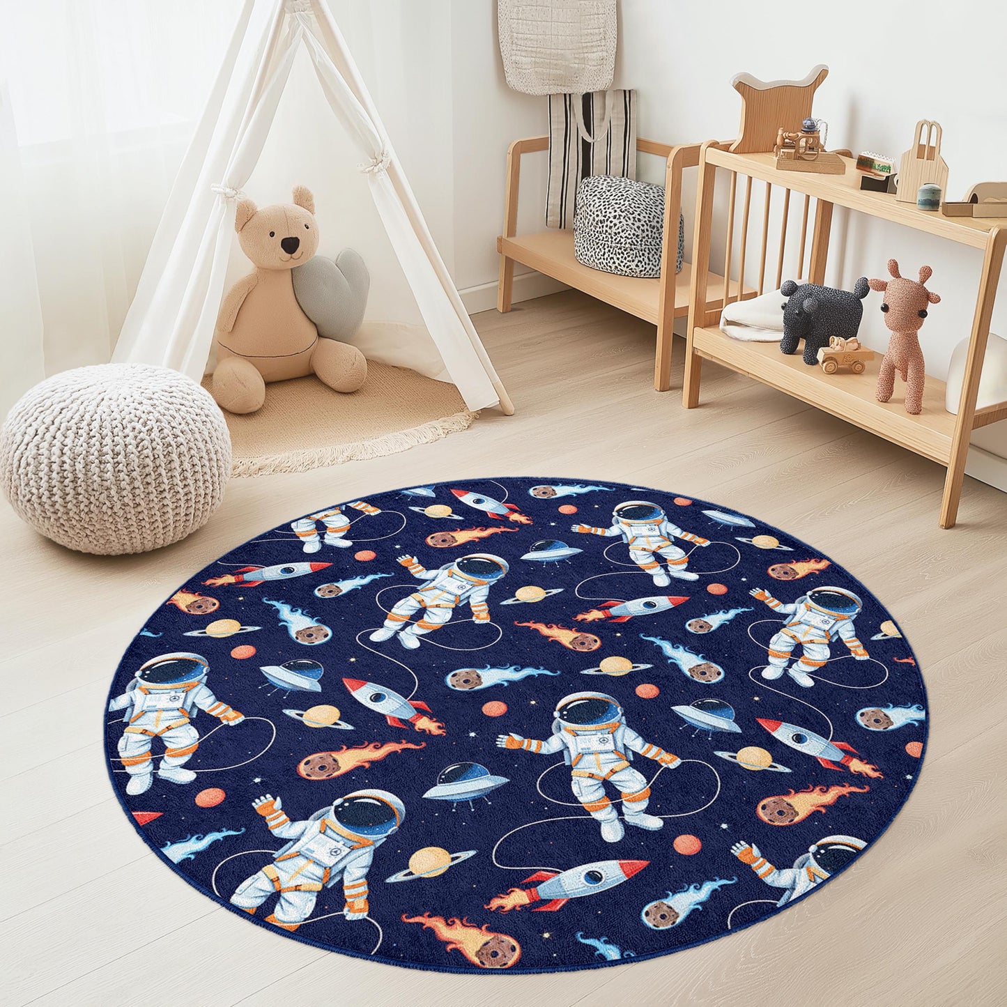 Astronauts in Space Round Kids Play Rug, Cosmic Adventure Rug, Outer Space Room Decor, Kids Bedroom Carpet, Playroom Mat