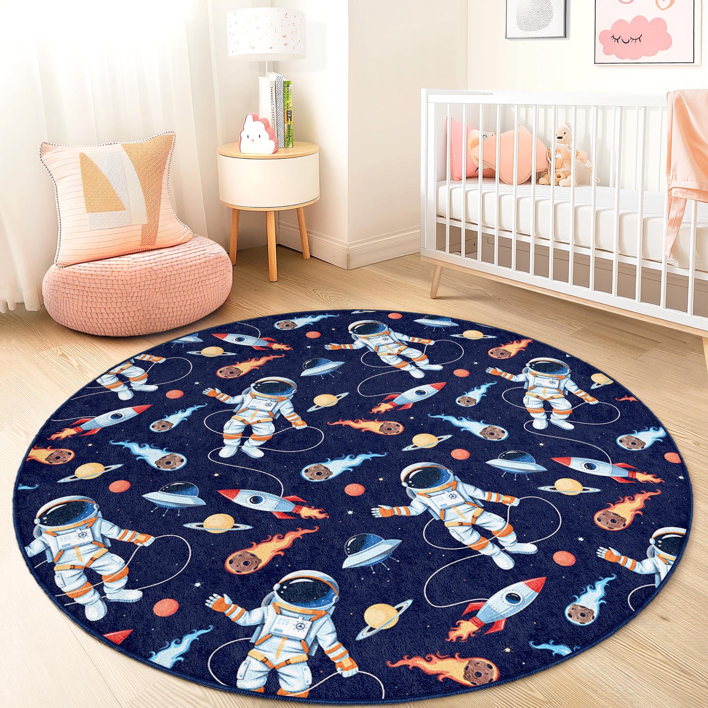 Astronauts in Space Round Kids Play Rug, Cosmic Adventure Rug, Outer Space Room Decor, Kids Bedroom Carpet, Playroom Mat