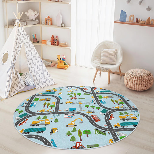 Construction Vehicle Round Kids Play Rug, Colorful Road Map Rug, Soft Play Mat for Children's Room, Nursery Decor, Interactive Learning