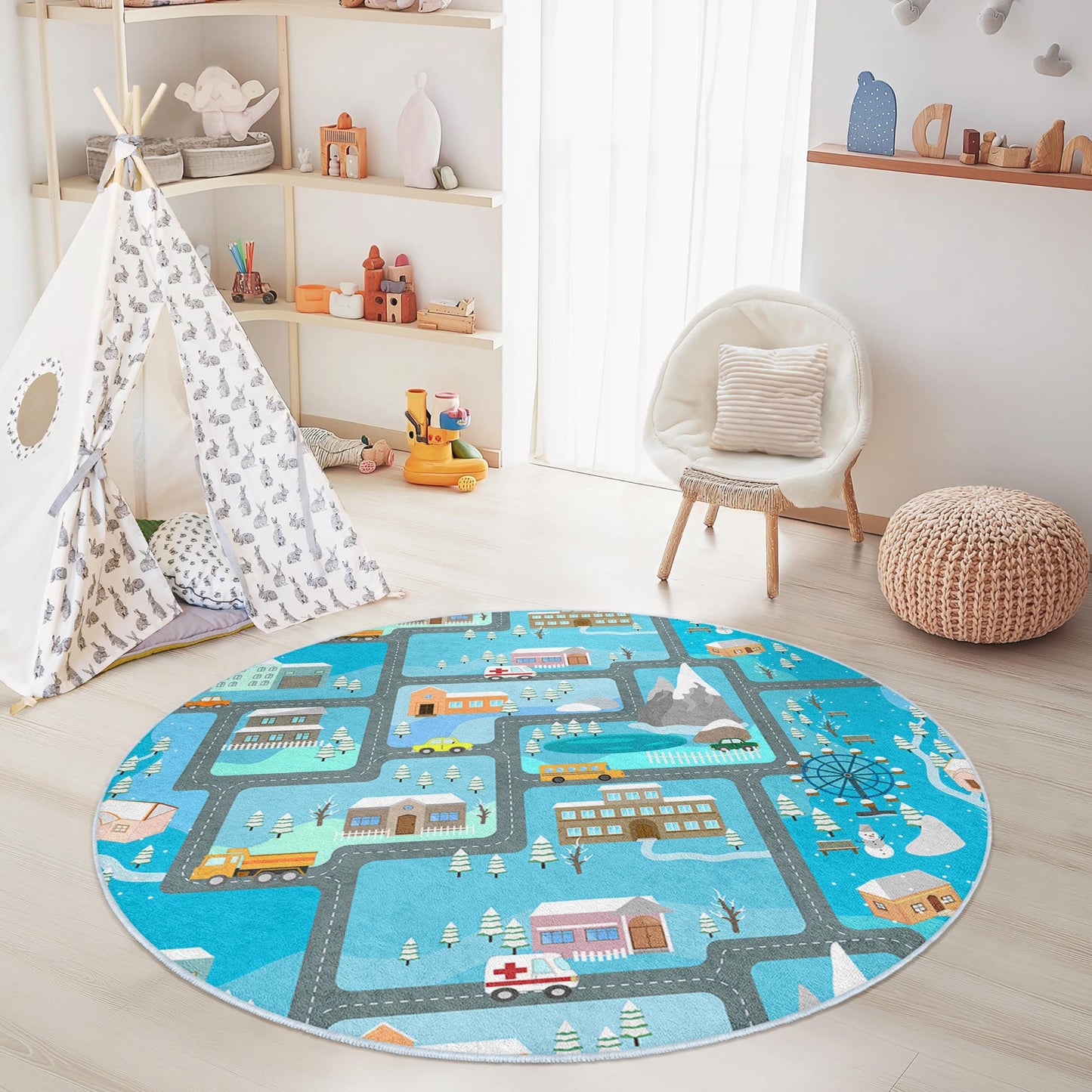 Winter Wonderland Play Rug for Kids, Round Road Map Rug, Interactive Kids Carpet, Soft Play Mat, Nursery Decor, Children Room Rug
