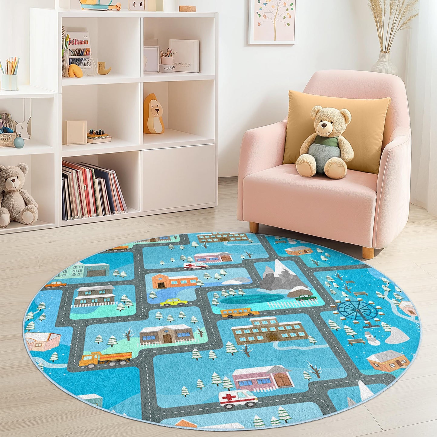 Winter Wonderland Play Rug for Kids, Round Road Map Rug, Interactive Kids Carpet, Soft Play Mat, Nursery Decor, Children Room Rug