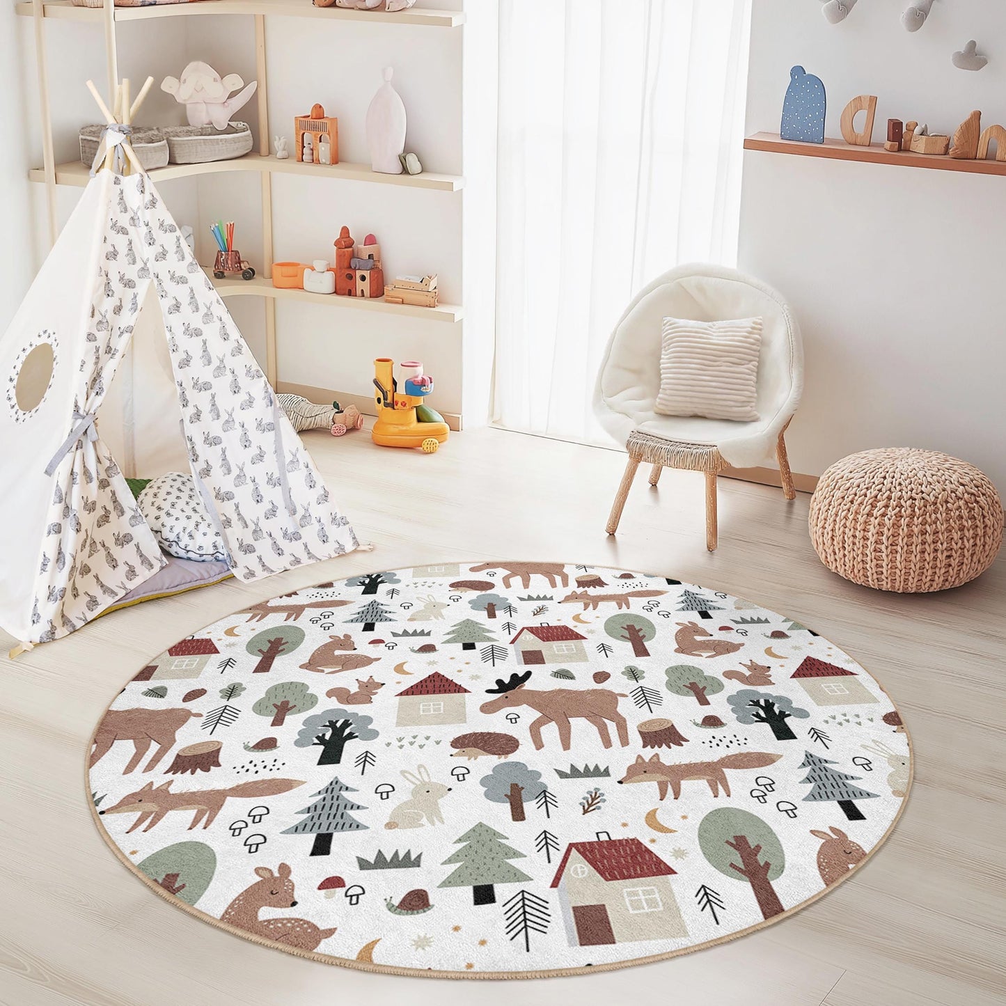 Forest Animals Round Kids Play Rug, Woodland Theme Nursery Carpet, Cute Animal Rug for Playroom, Kids Room Decor