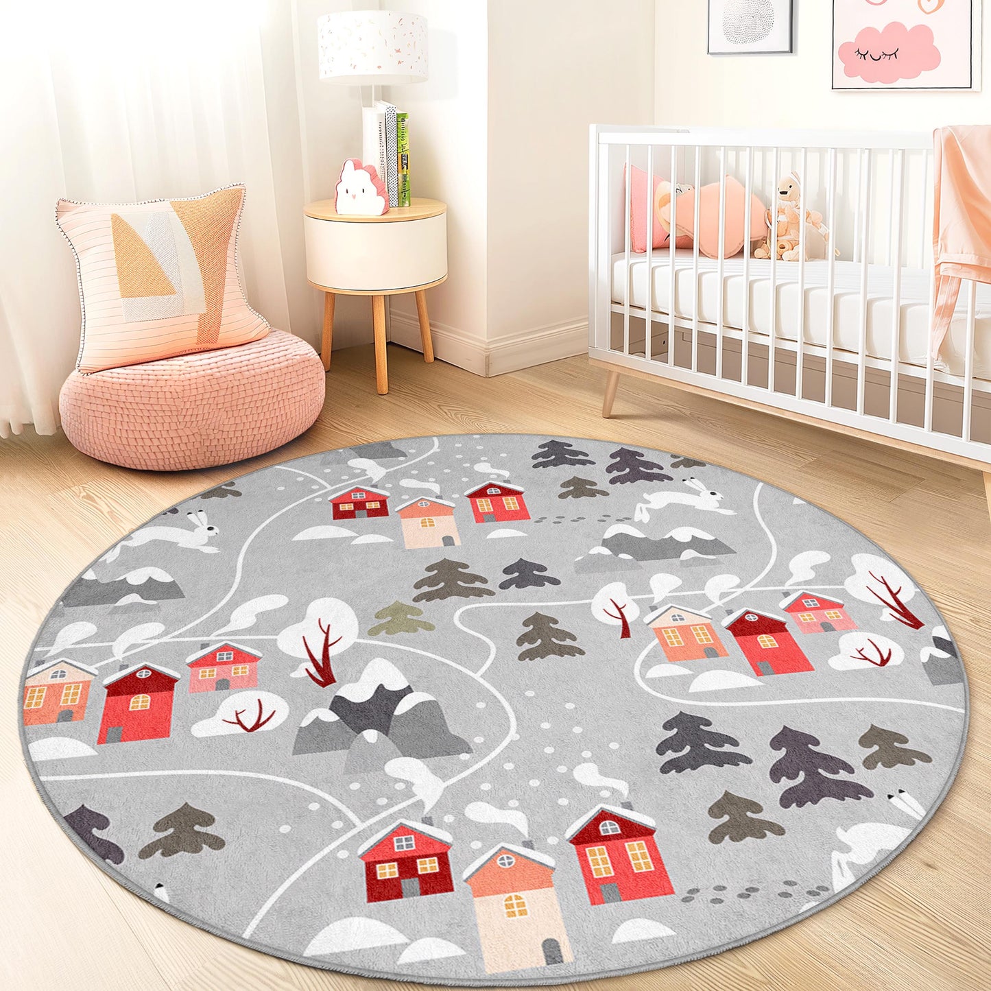 Winter Wonderland Round Kids Play Rug, Cozy Village Pattern, Kids Room Decor, Playroom Carpet, Soft Nursery Rug