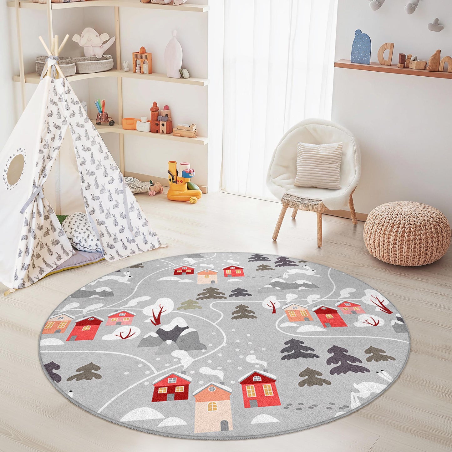 Winter Wonderland Round Kids Play Rug, Cozy Village Pattern, Kids Room Decor, Playroom Carpet, Soft Nursery Rug