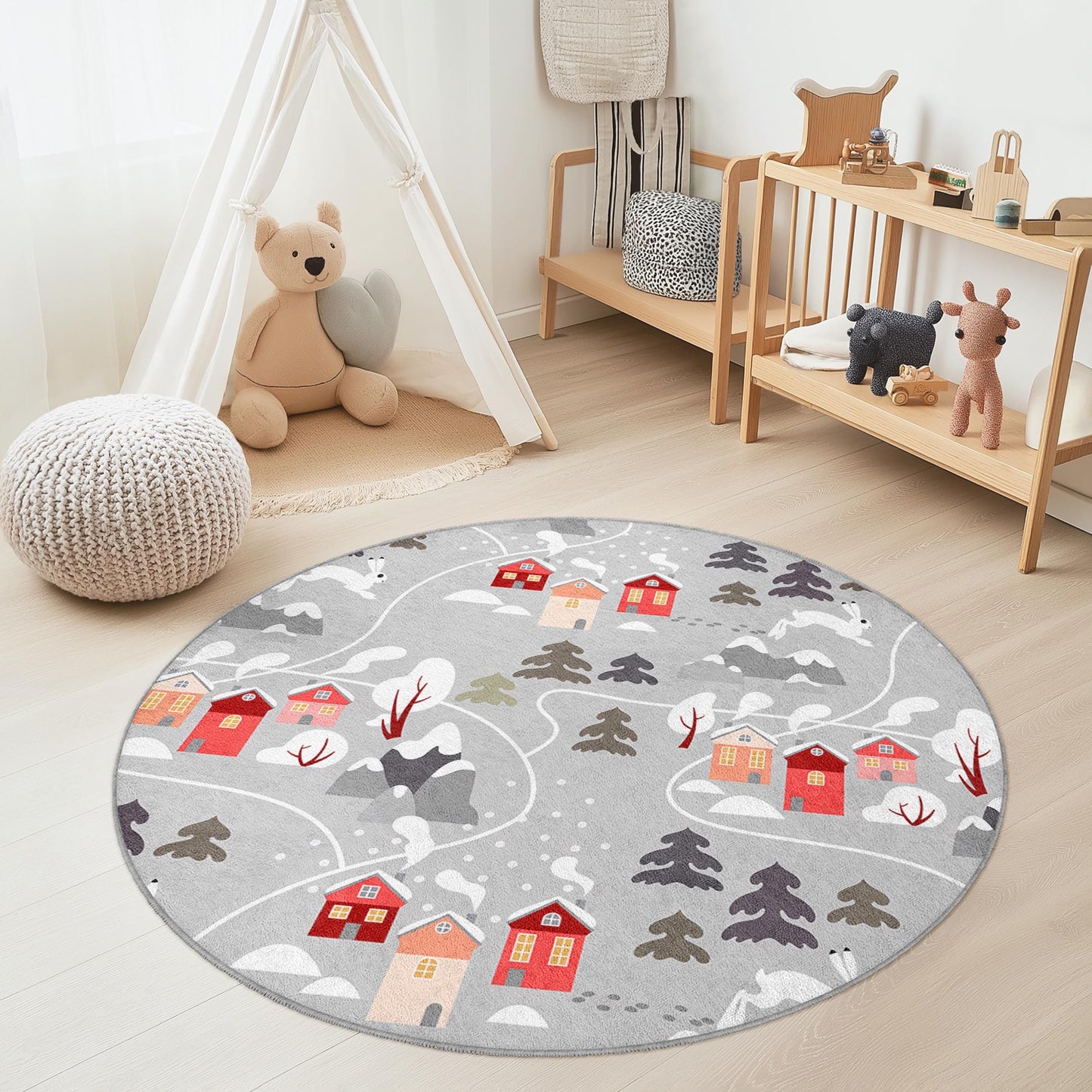 Winter Wonderland Round Kids Play Rug, Cozy Village Pattern, Kids Room Decor, Playroom Carpet, Soft Nursery Rug