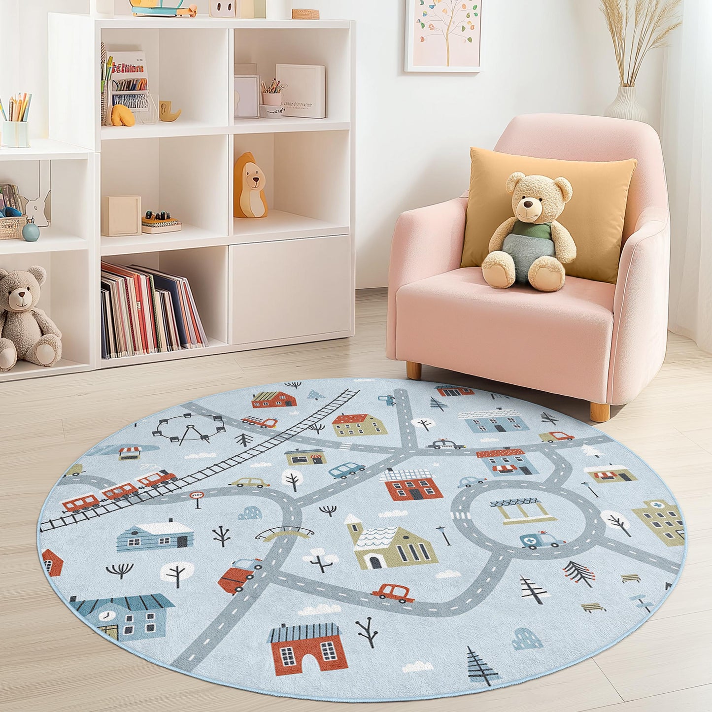 Winter Wonderland Round Play Rug, Kids Playmat with Roads and Houses, Soft Circle Carpet for Children's Room, Nursery Decor