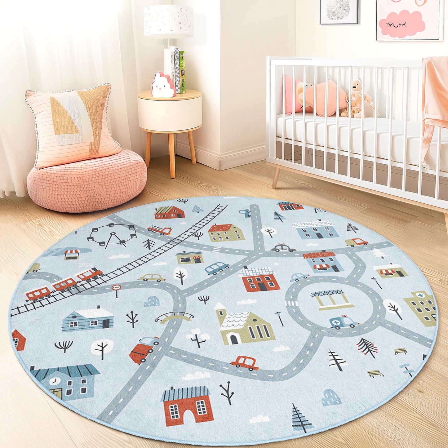 Winter Wonderland Round Play Rug, Kids Playmat with Roads and Houses, Soft Circle Carpet for Children's Room, Nursery Decor