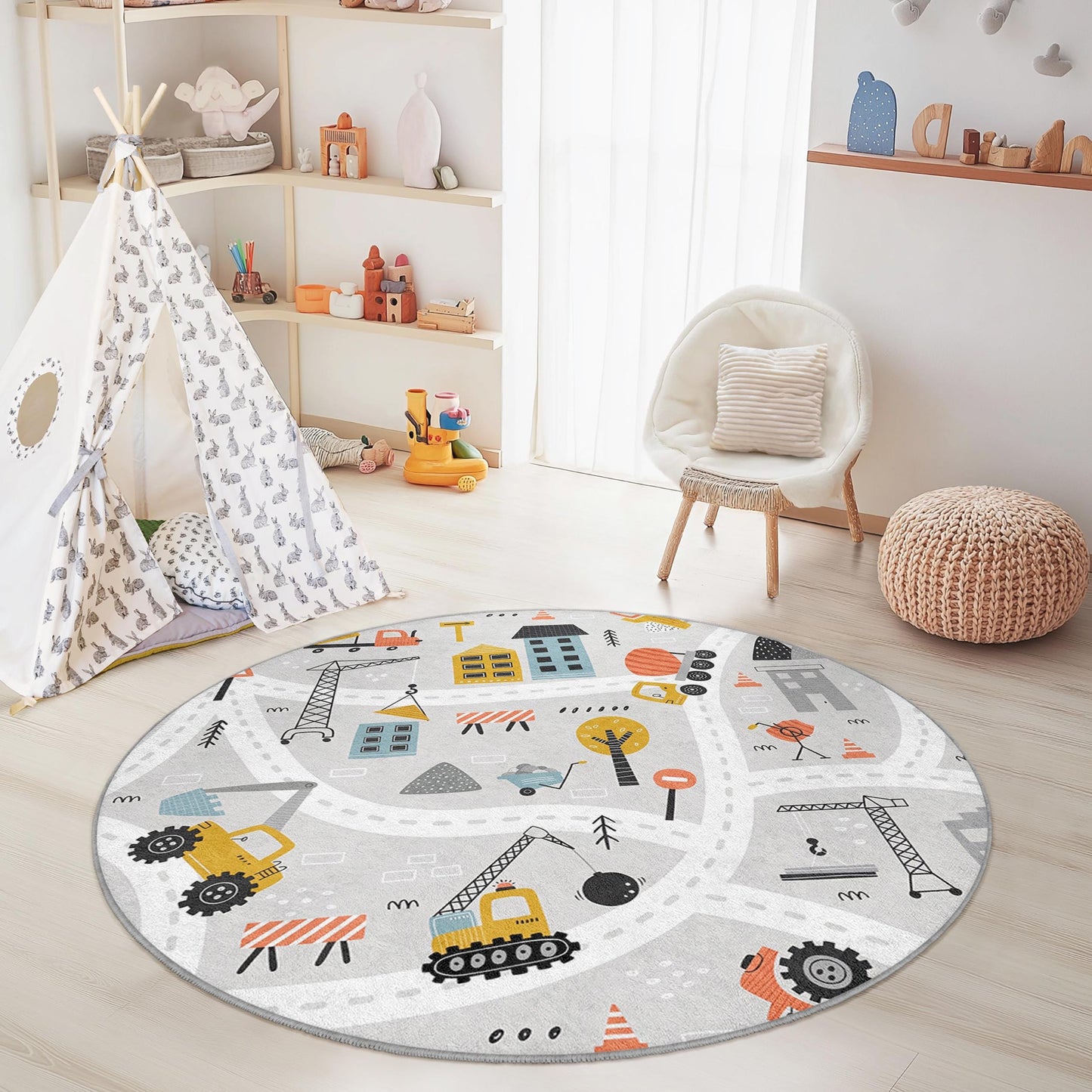 Construction Zone Round Kids Play Rug, Interactive Play Mat for Toddlers, Kids Room Carpet, Soft Nursery Decor, Fun Playroom Rug